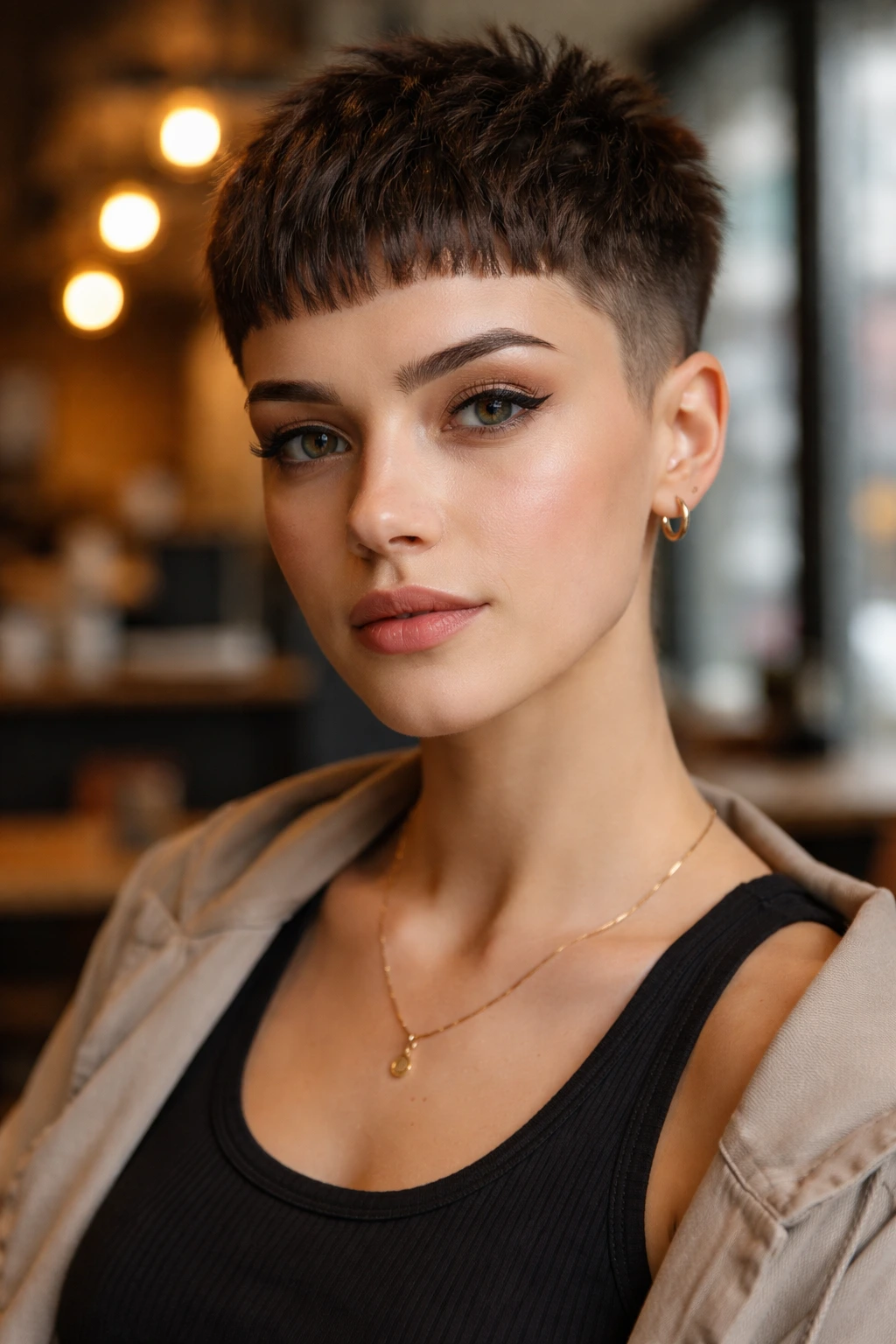 Real person with micro-fringe crop hairstyle in cafe setting