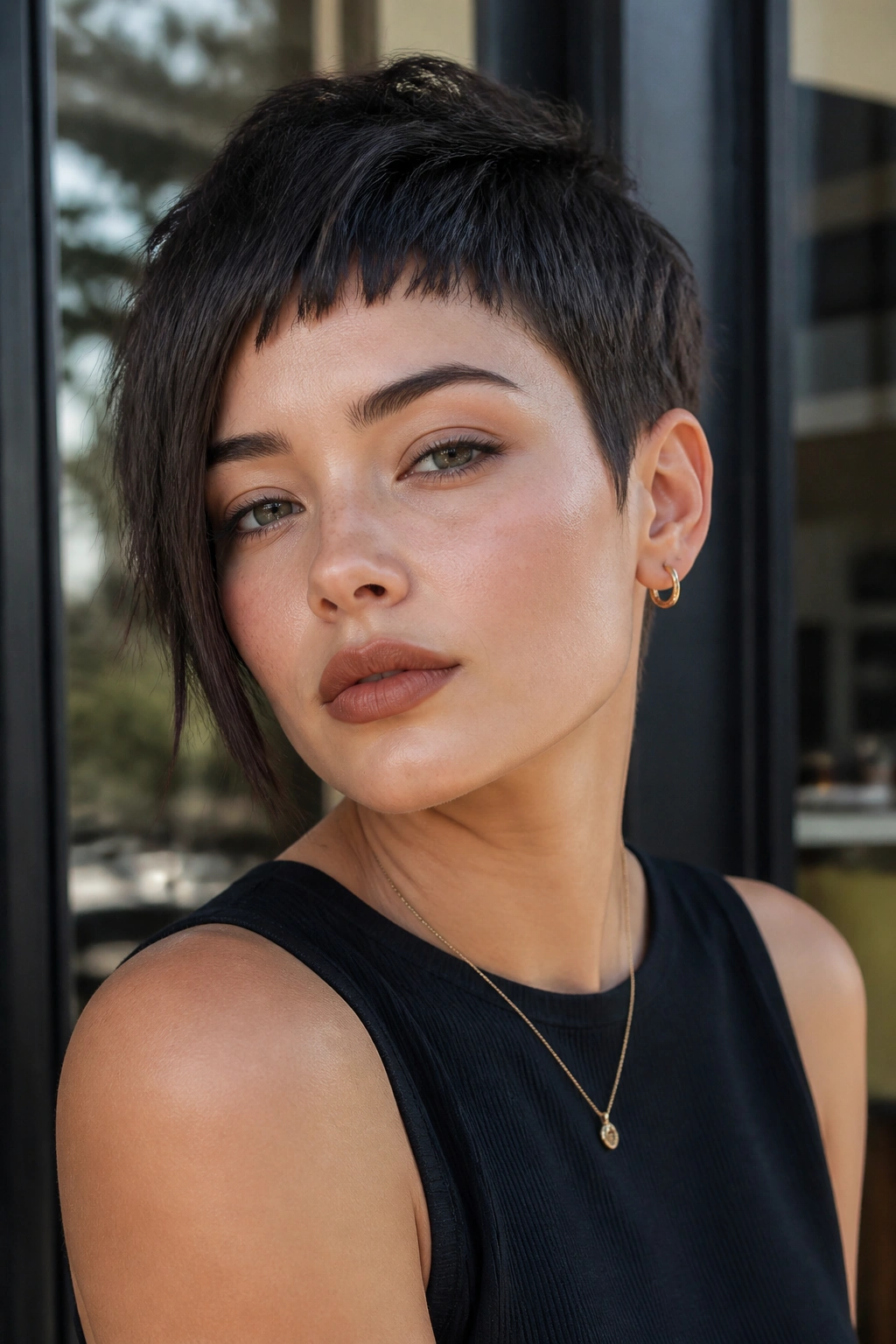 Portrait of a real person with a micro-fringe crop and long side shape in a cafe setting