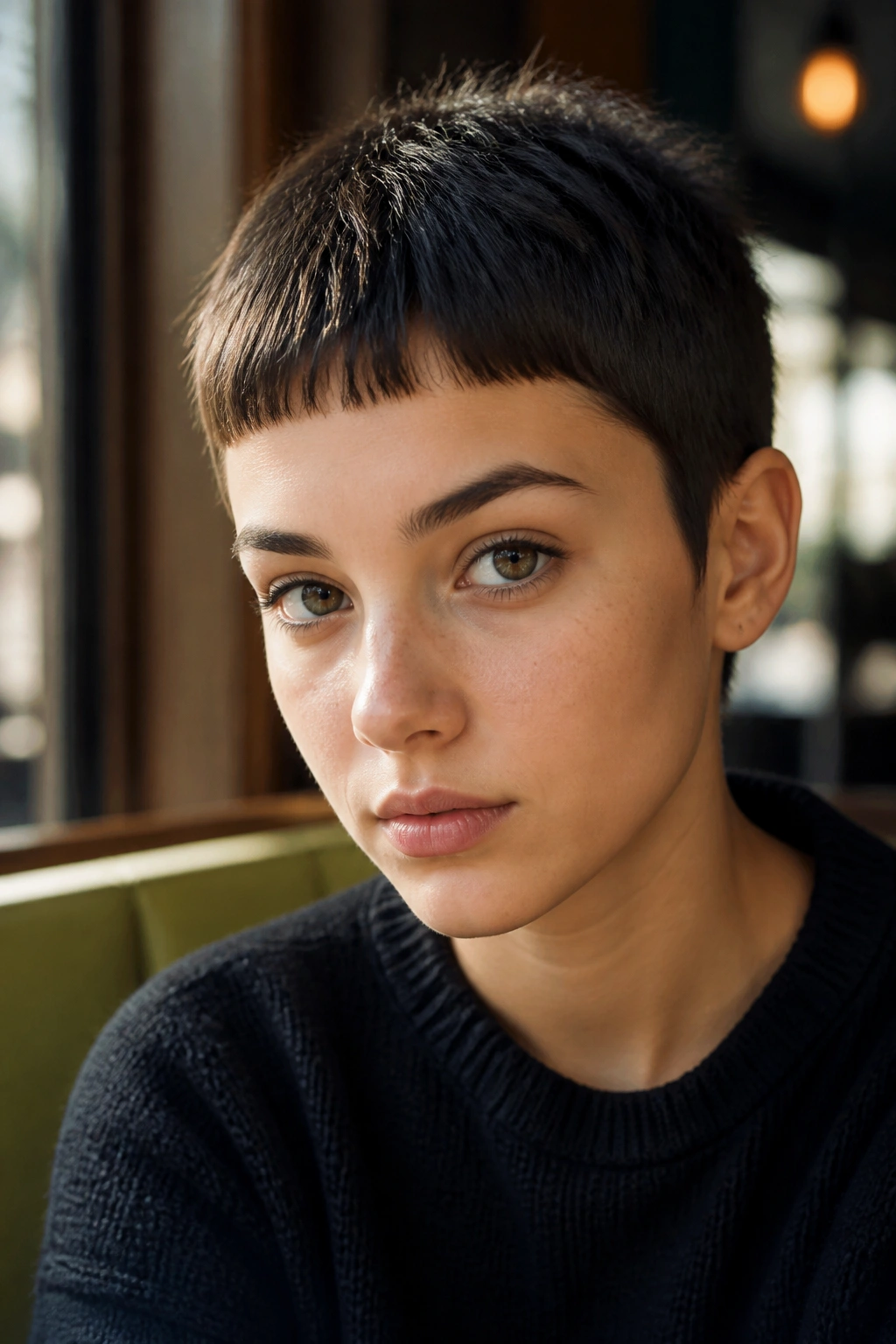 Close-up portrait of a girl with a micro-fringe crop hairstyle in cafe window light