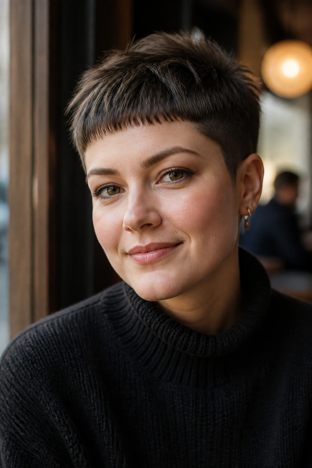 Close-up portrait of a real person with micro-fringe crop
