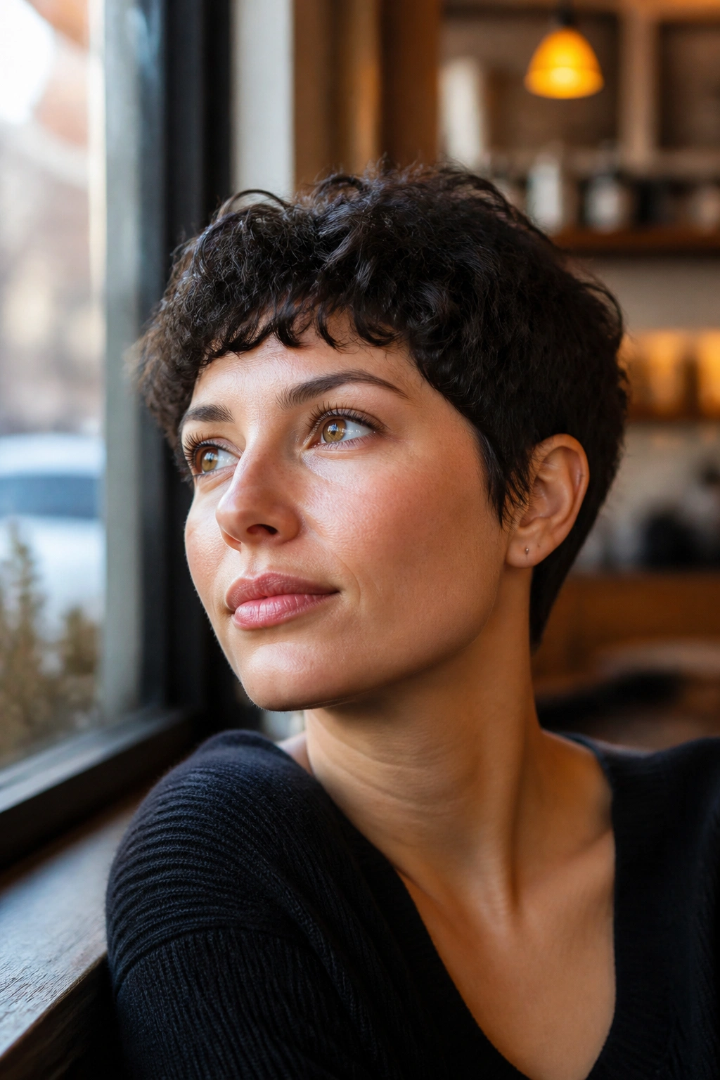 Close-up of real woman with micro-fringe curly pixie and tapered nape
