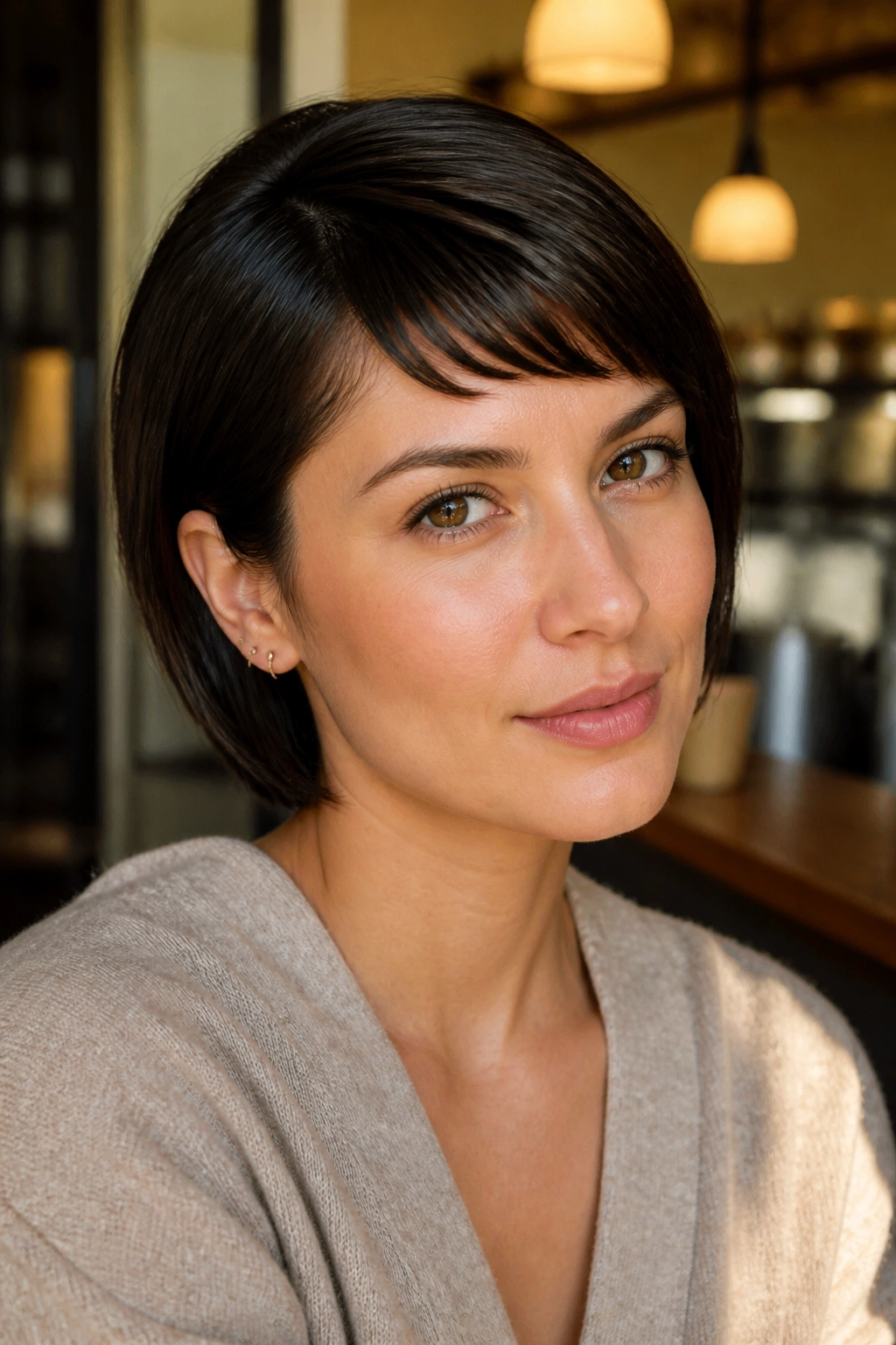 Close-up portrait of a real woman with deep-side micro fringe