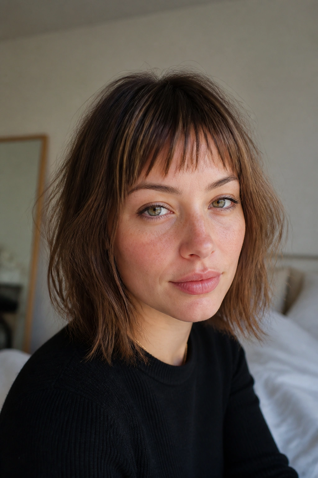 Portrait of a woman with micro choppy fringe on fine hair in a bright room.