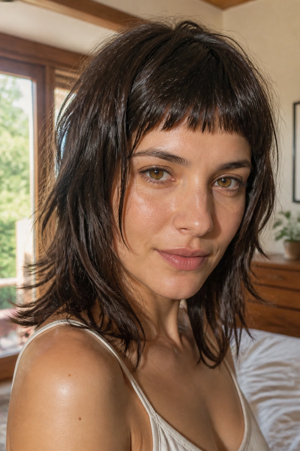 Close-up portrait of a real woman with micro fringe and French-girl edge in natural light