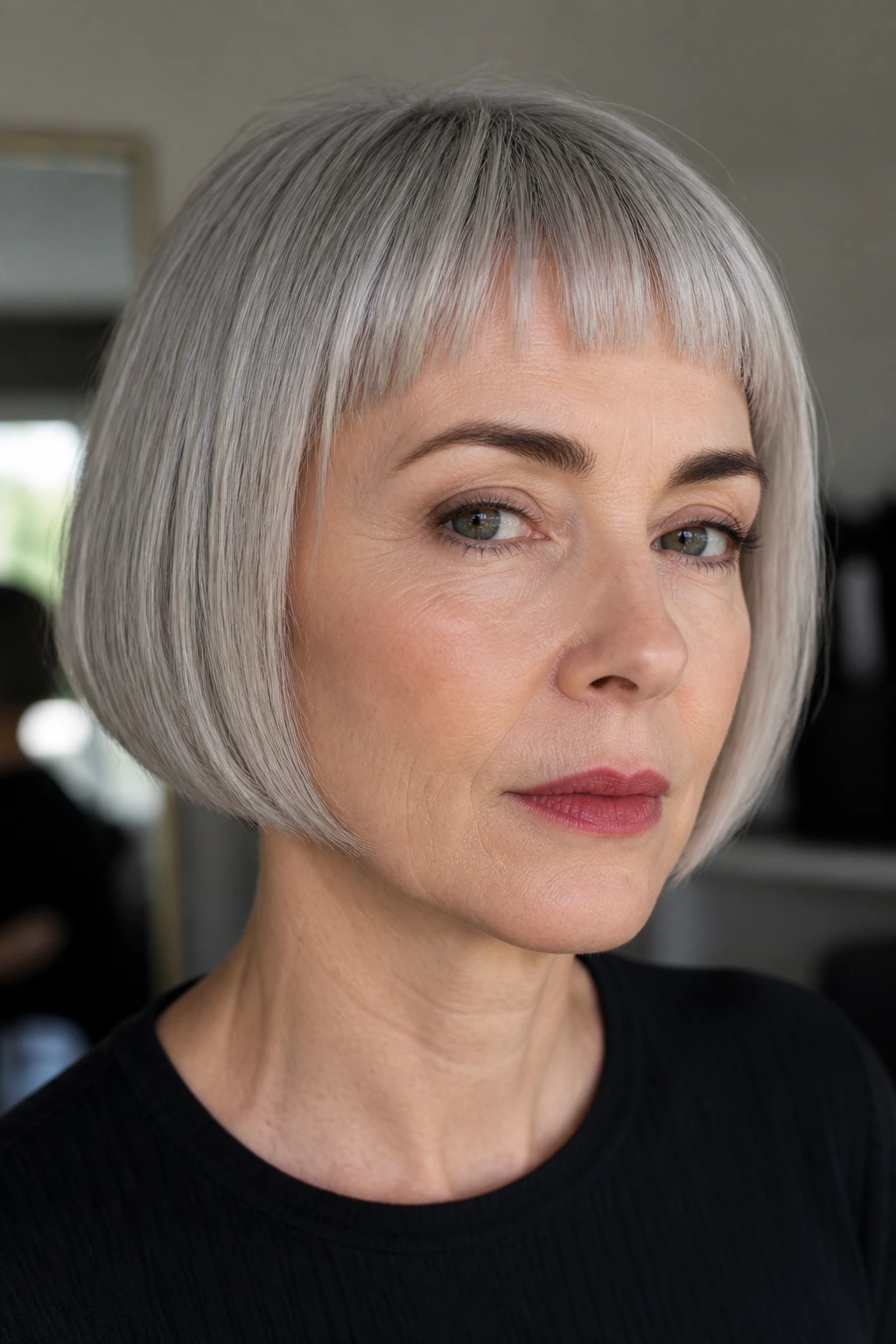 Close-up of a real person with a micro fringe grey bob