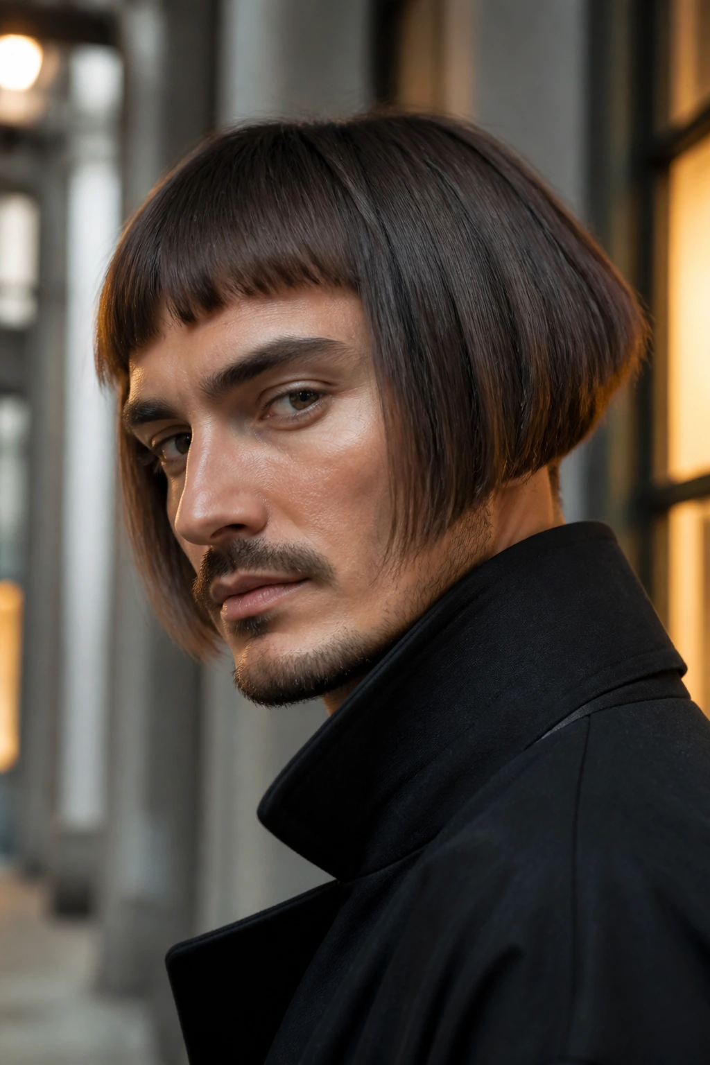 Close-up of a man with micro fringe inverted bob in a sunlit urban corridor