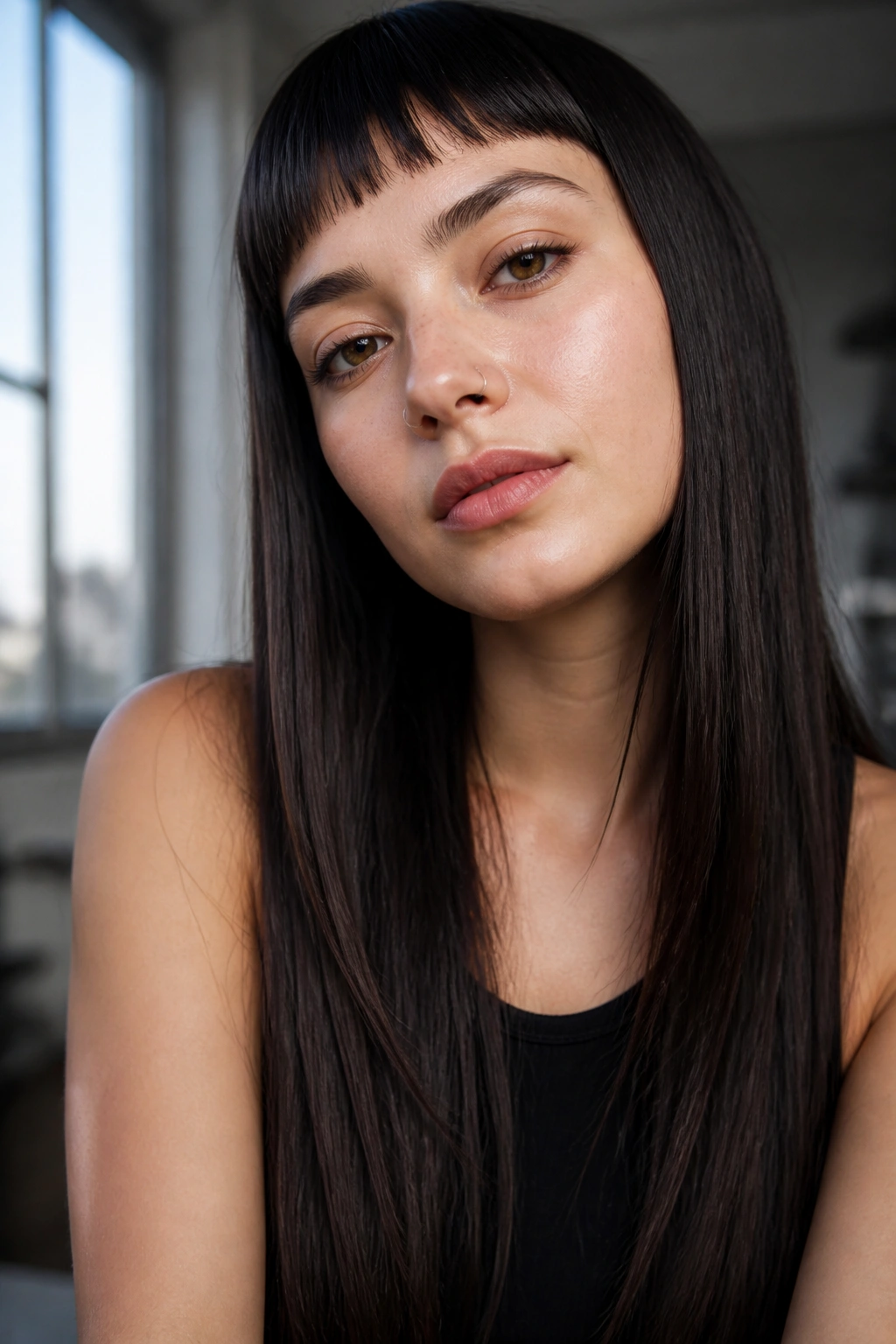 Close-up of a woman with micro fringe and long sleek hair in natural light