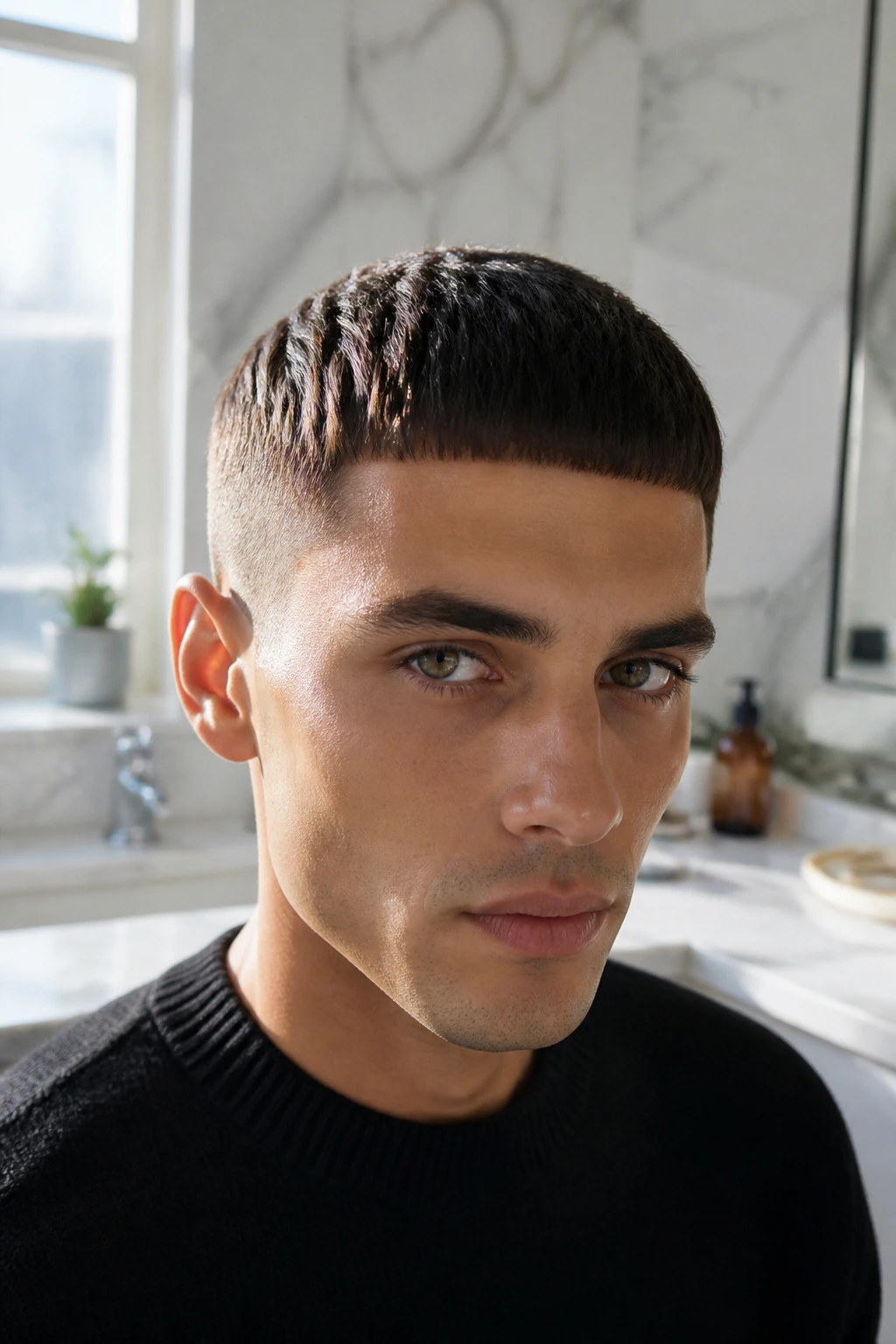 Close-up of a man with a micro fringe above the brows in bright bathroom light.