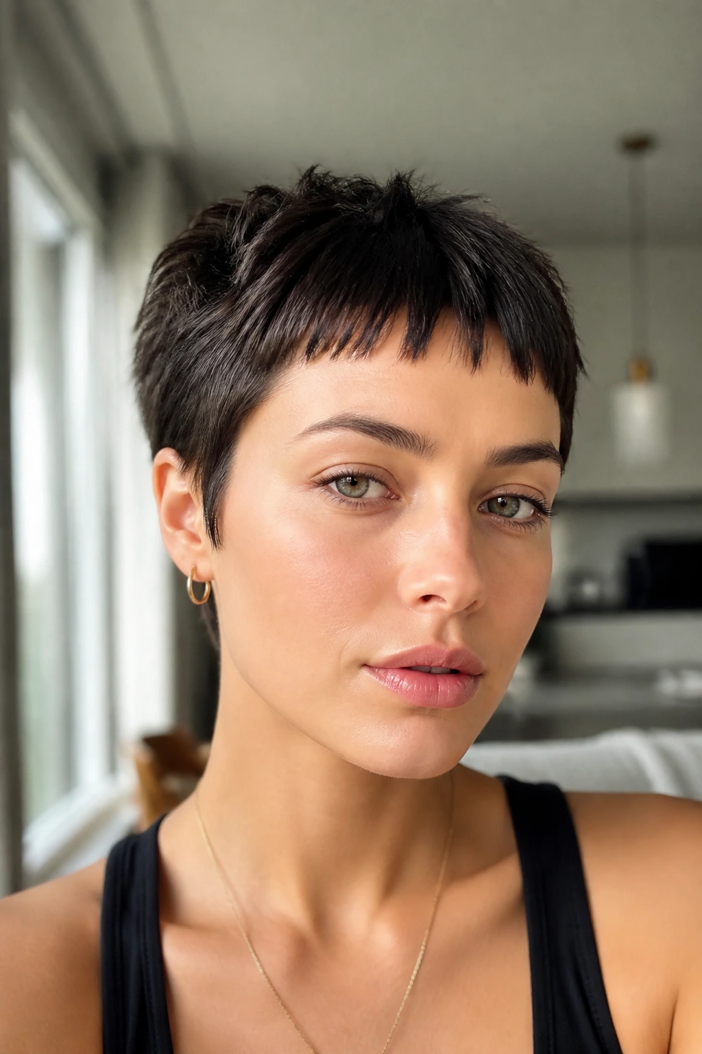 Close-up of a real woman with micro fringe and pixie cut
