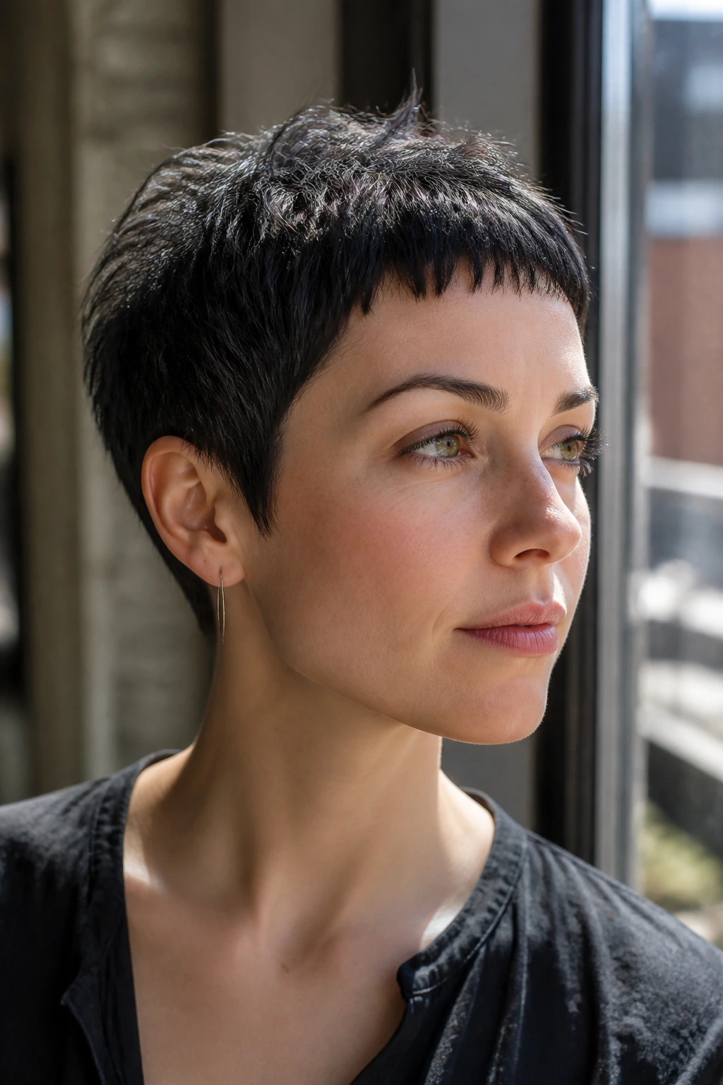 Close-up of a real woman with micro-fringe pixie by a window