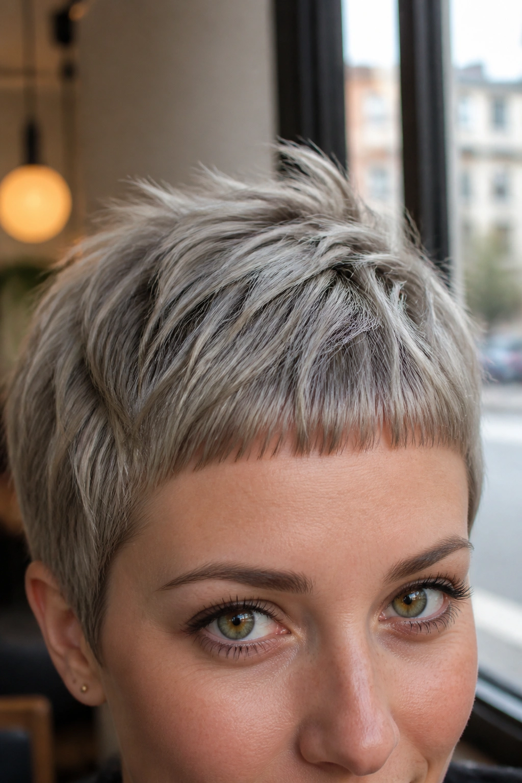 Close-up portrait of a real woman with a feathered pixie and micro fringe.