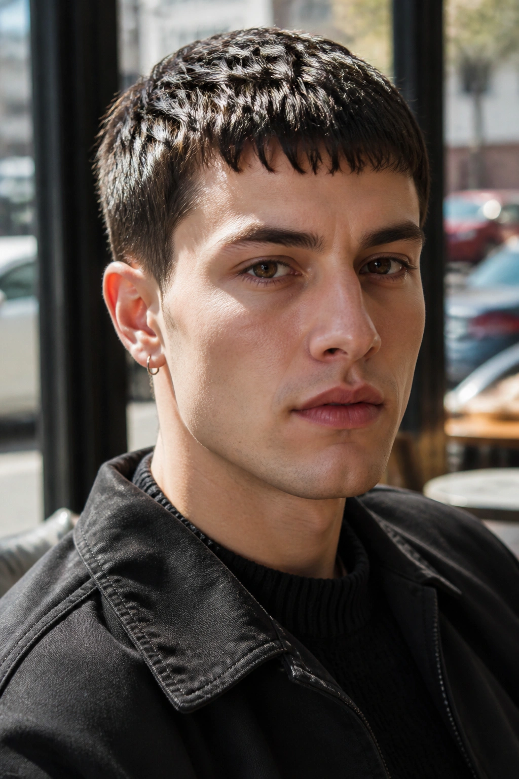 Close-up of man with micro fringe pixie showing short fringe above brows.