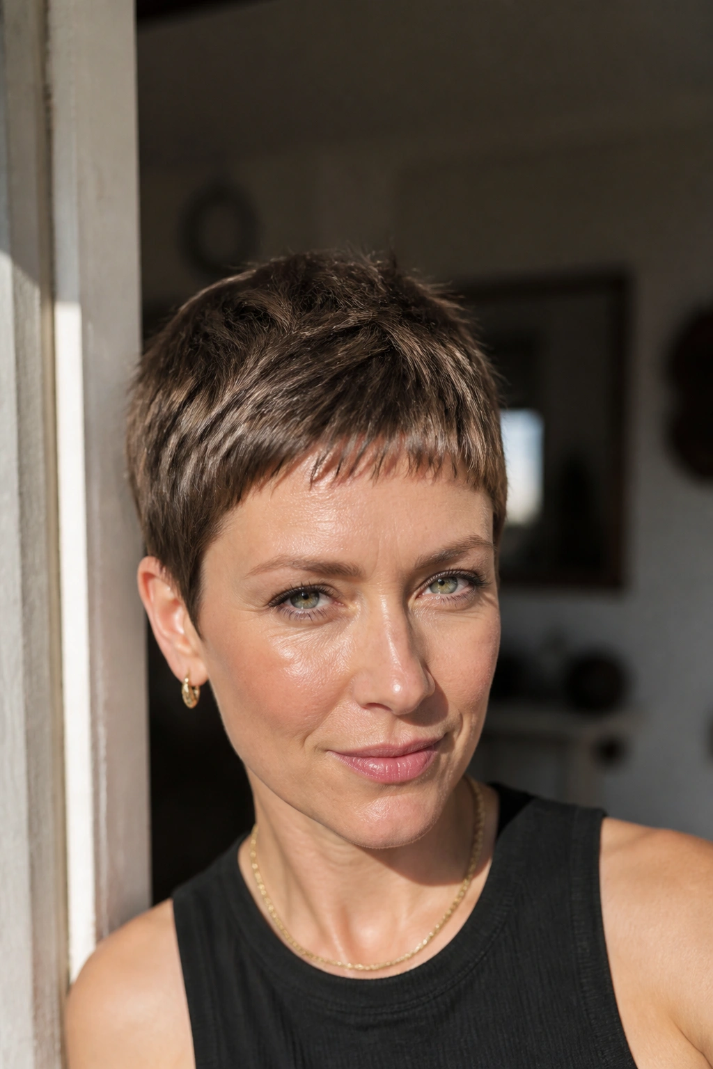 Close-up of a real woman with a micro-fringe pixie hairstyle.
