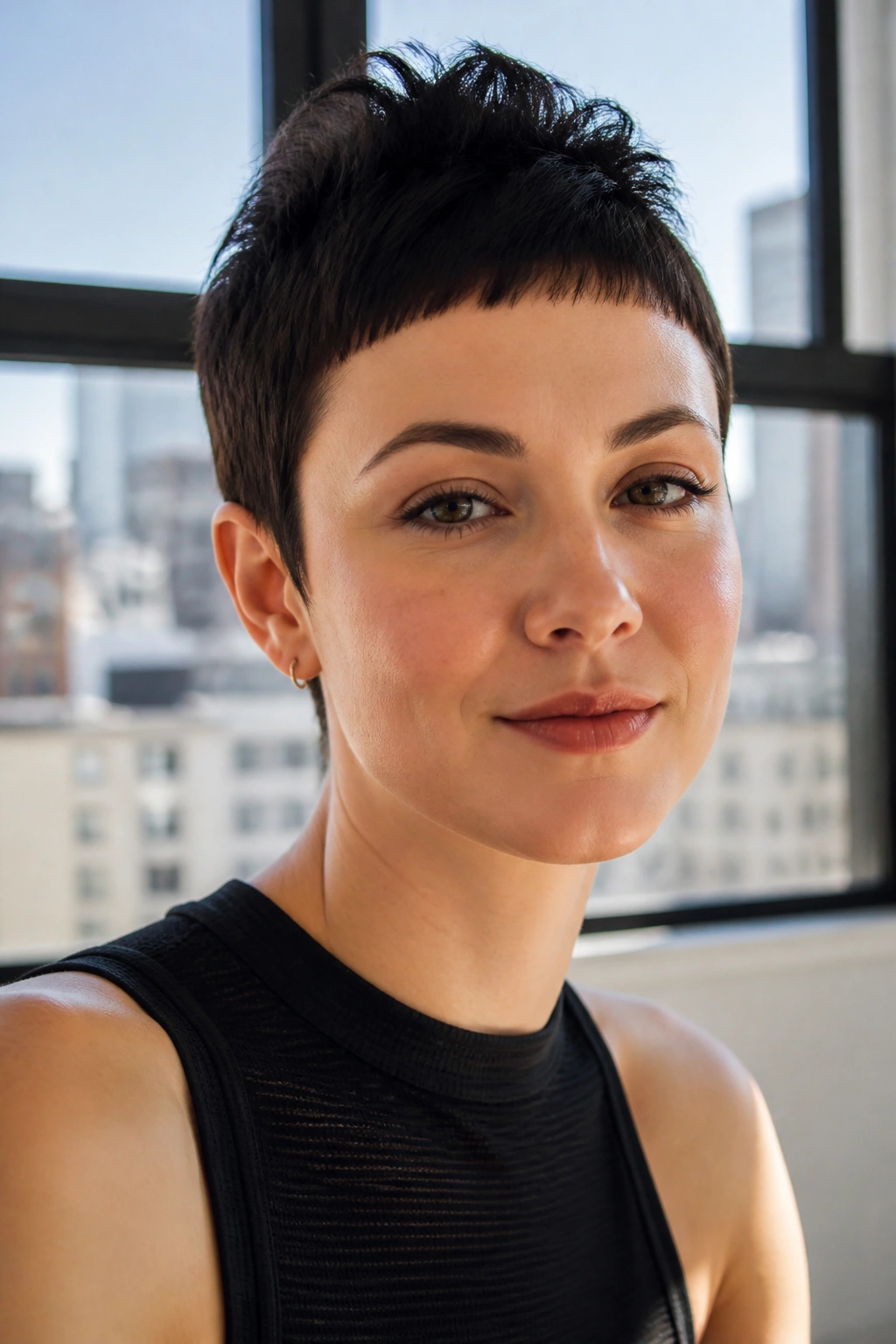 Close-up portrait of a real person with micro-fringe pixie and tall crown