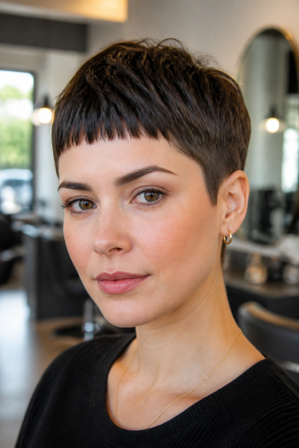 Close-up portrait of a real woman with a micro-fringe pixie and tapered sides in bright salon light