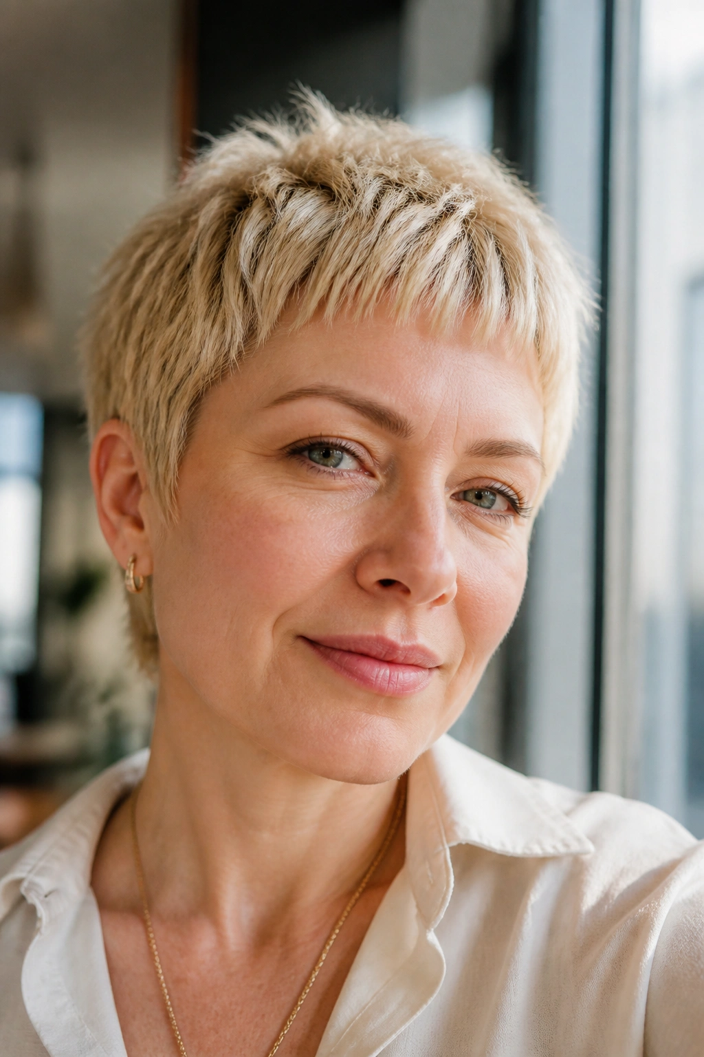 Portrait of a woman with a micro-fringe blonde pixie and textured top