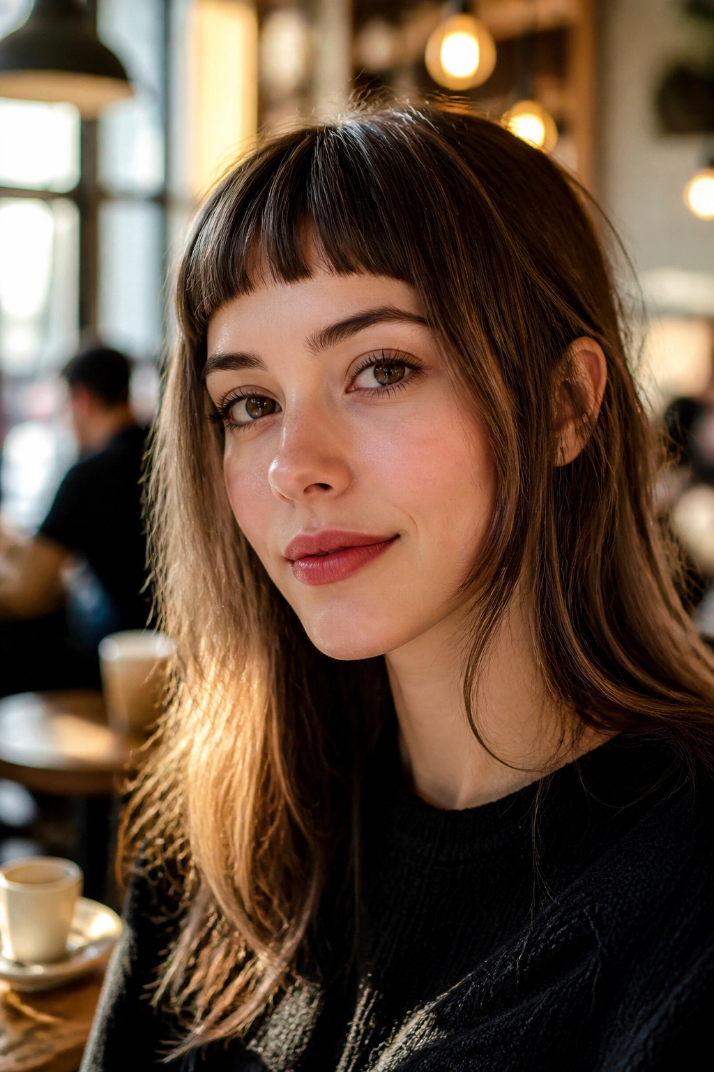 Real woman with micro fringe and long side pieces framing the face.