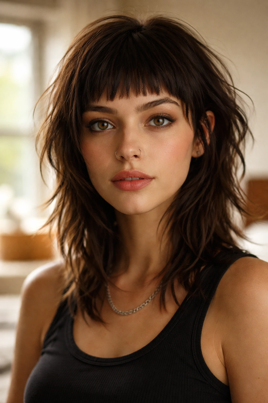 Close-up of real person with micro fringe and shaggy layers filling the frame
