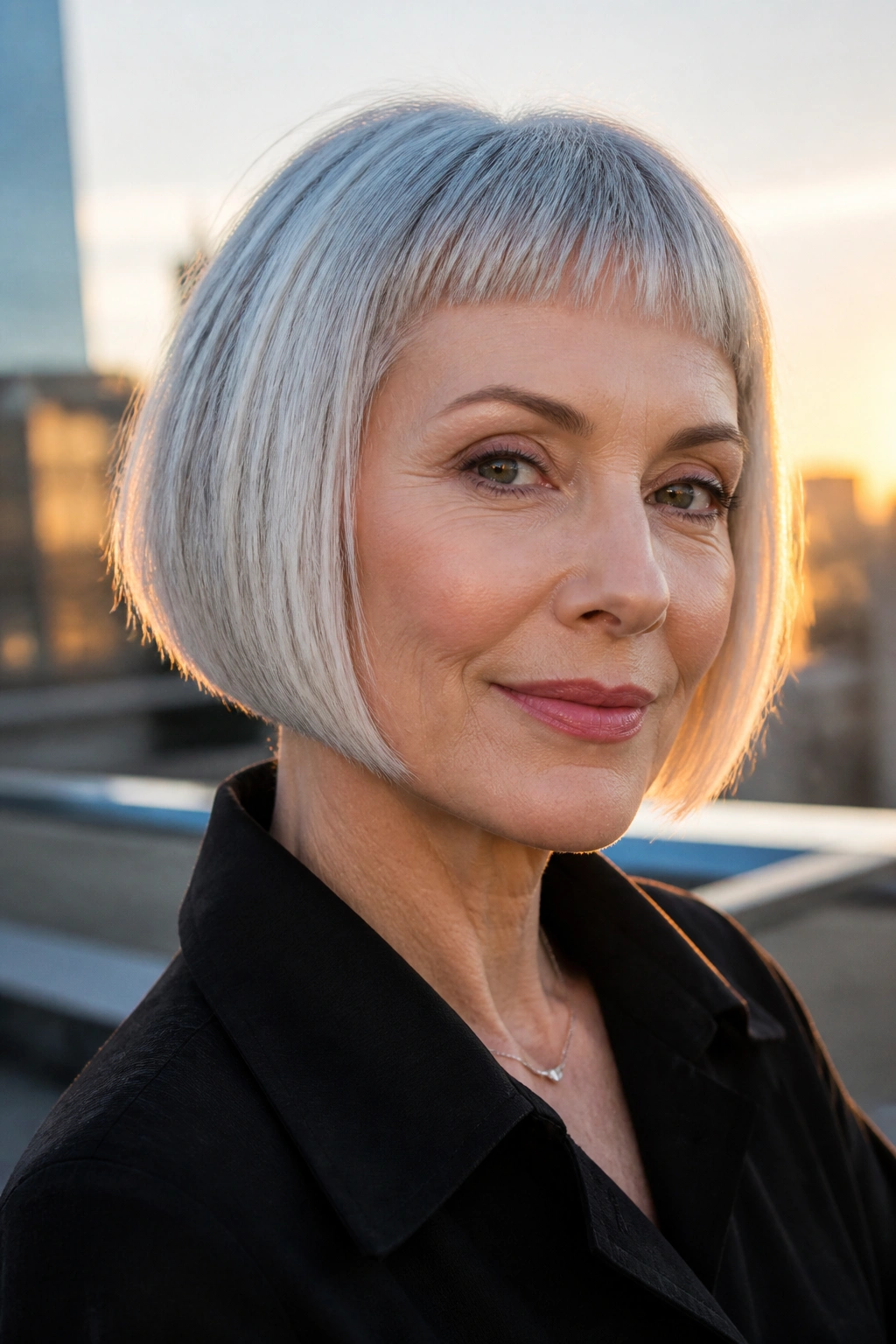 Close-up portrait of a real woman with silver bob and micro fringe