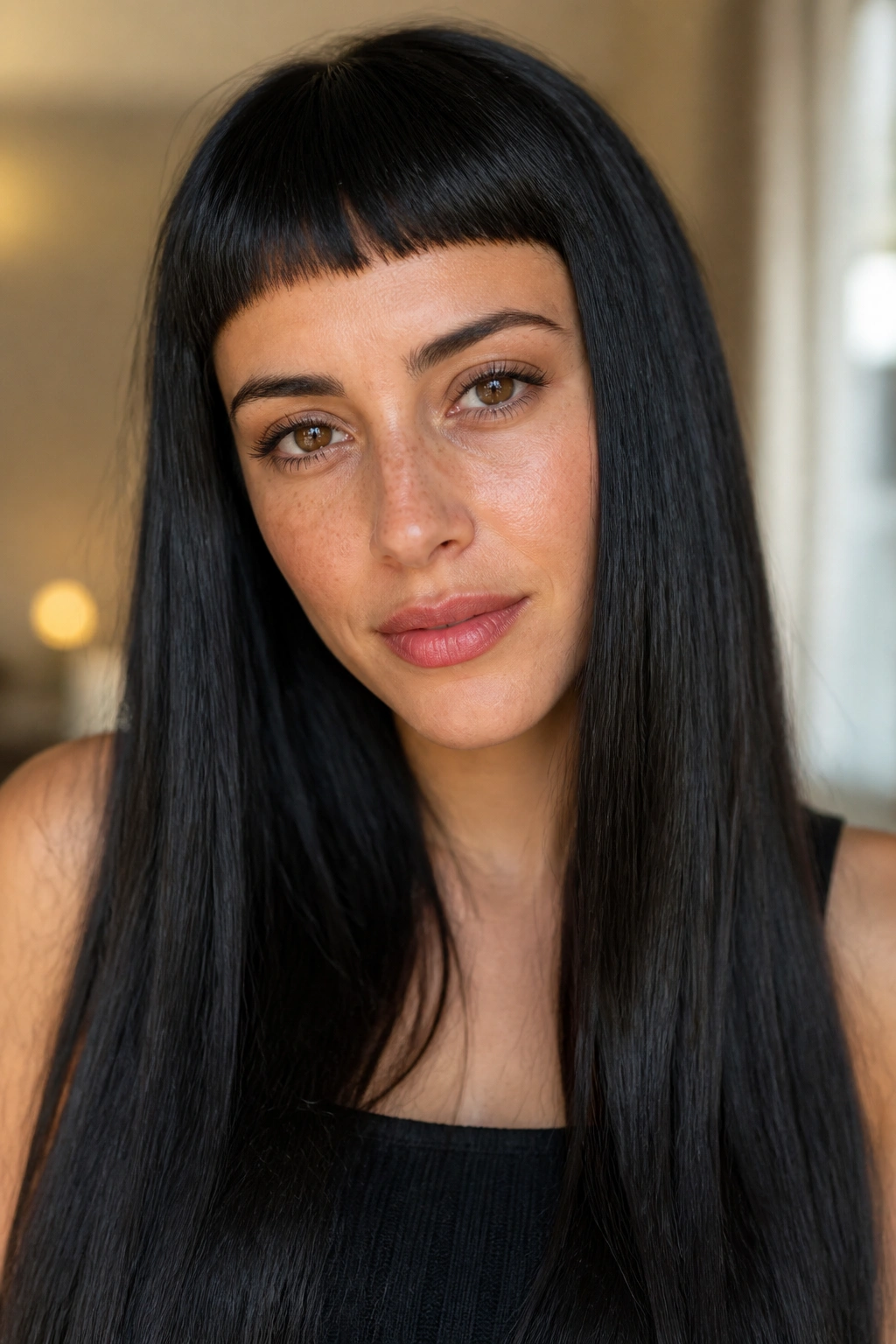 Close-up of a woman with micro fringe and long straight hair