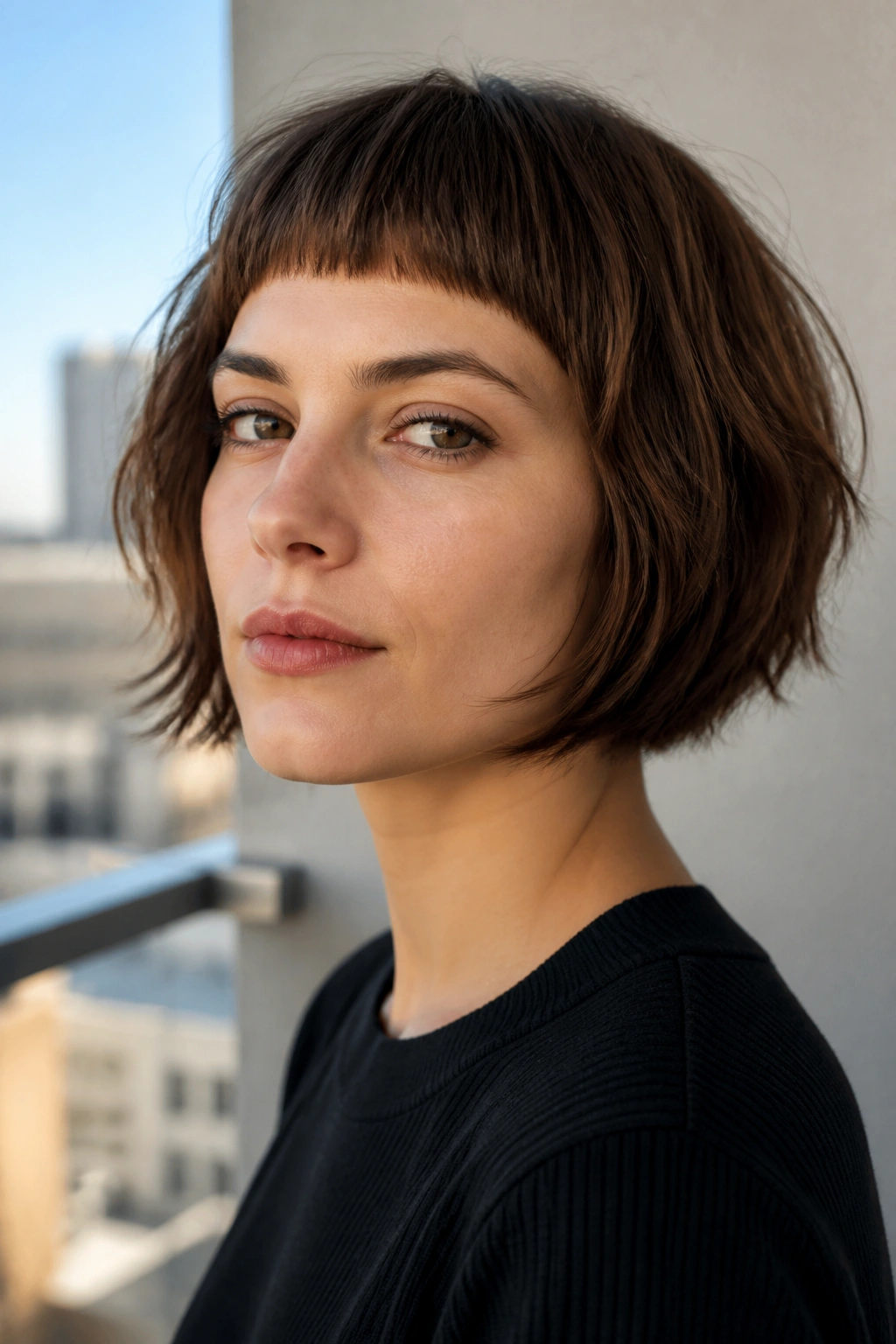 Real woman wearing micro-fringe textured bob in daylight on balcony