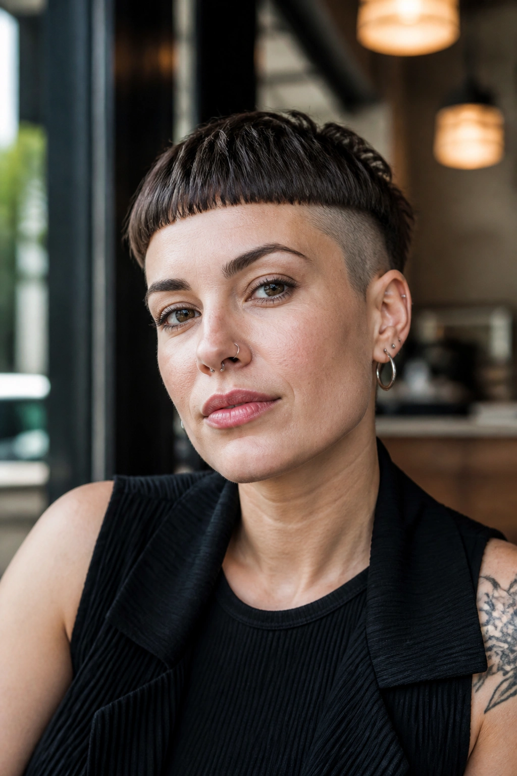 Portrait of a person with micro fringe and undercut