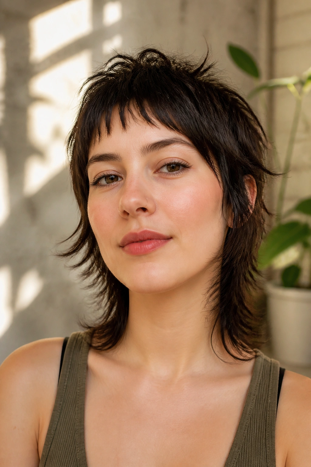 Portrait of a real woman with micro-fringe wolf cut and textured layers.