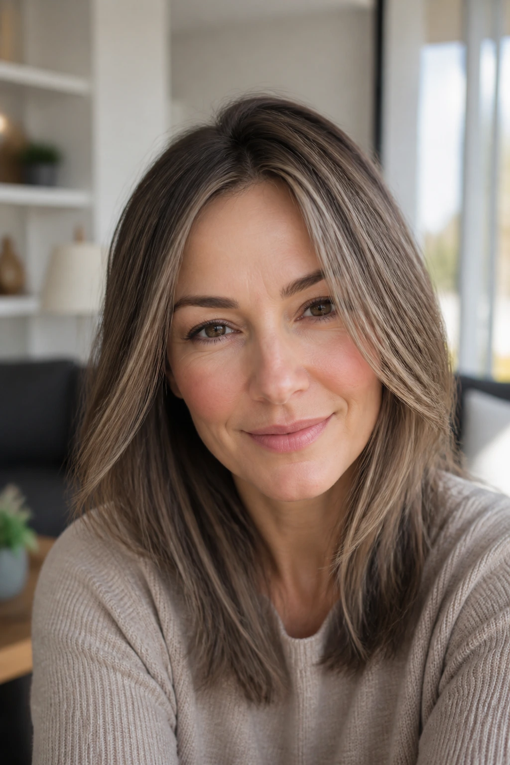 Close-up of fine hair with micro-highlights in ash brown