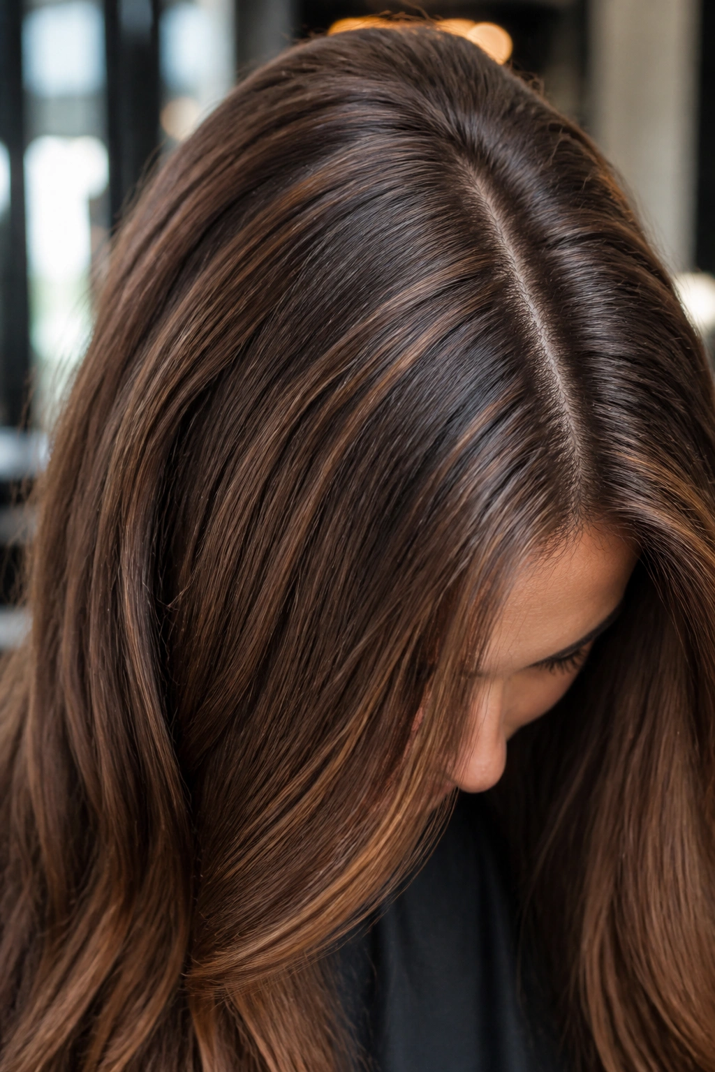 Close-up of brown hair with fine warm cocoa micro-highlights at crown and part
