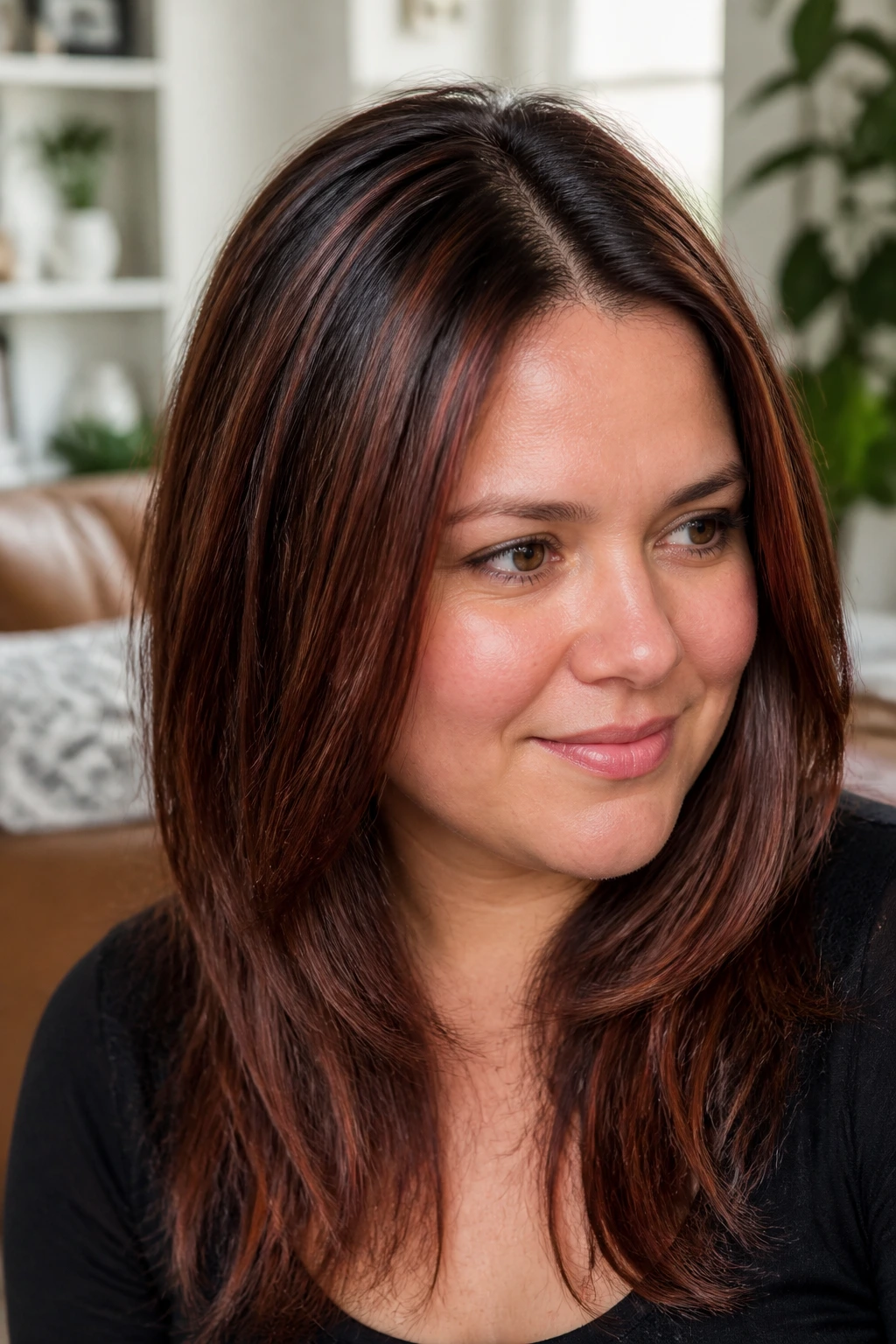 Close-up portrait of a real woman with micro red brown highlights at the crown for a round face