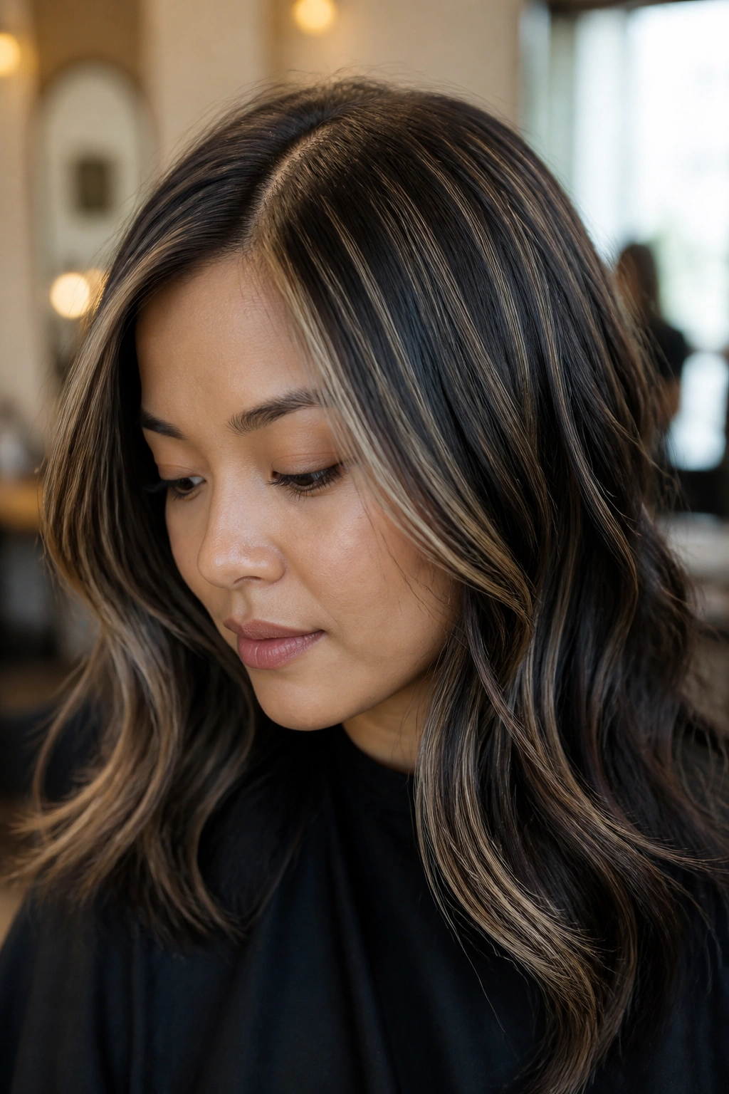 Portrait of a real woman with micro-highlights around crown and face frame providing a soft lift.