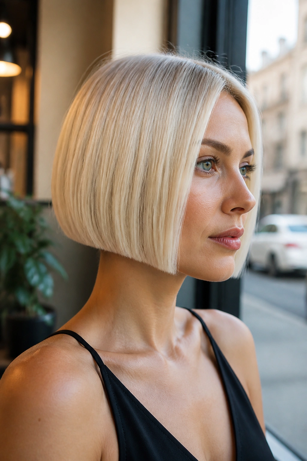 Portrait of a real woman with icy micro inverted bob and blunt ends, natural cafe window light