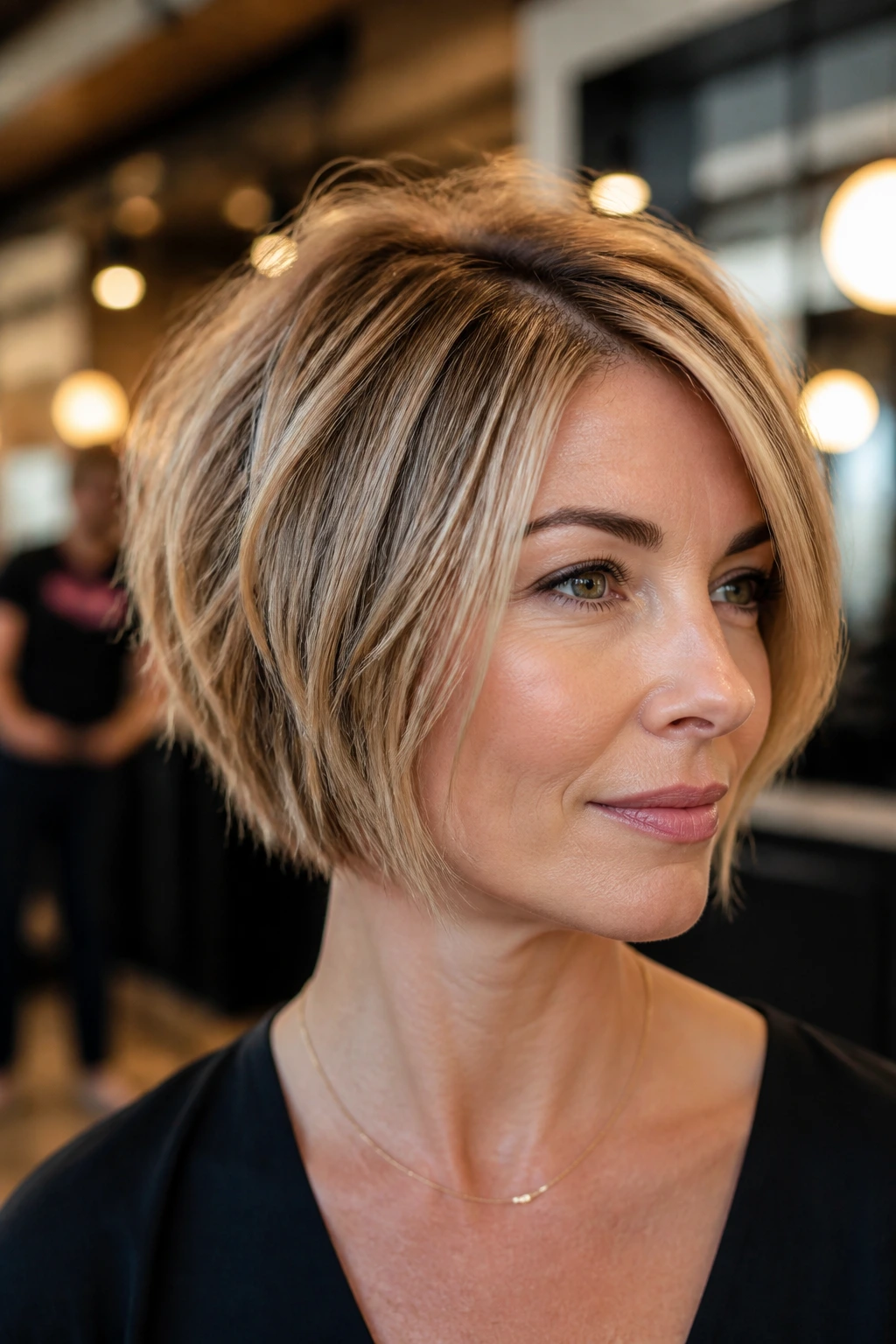 Close-up portrait of a real woman with a micro-layer bob in a salon setting