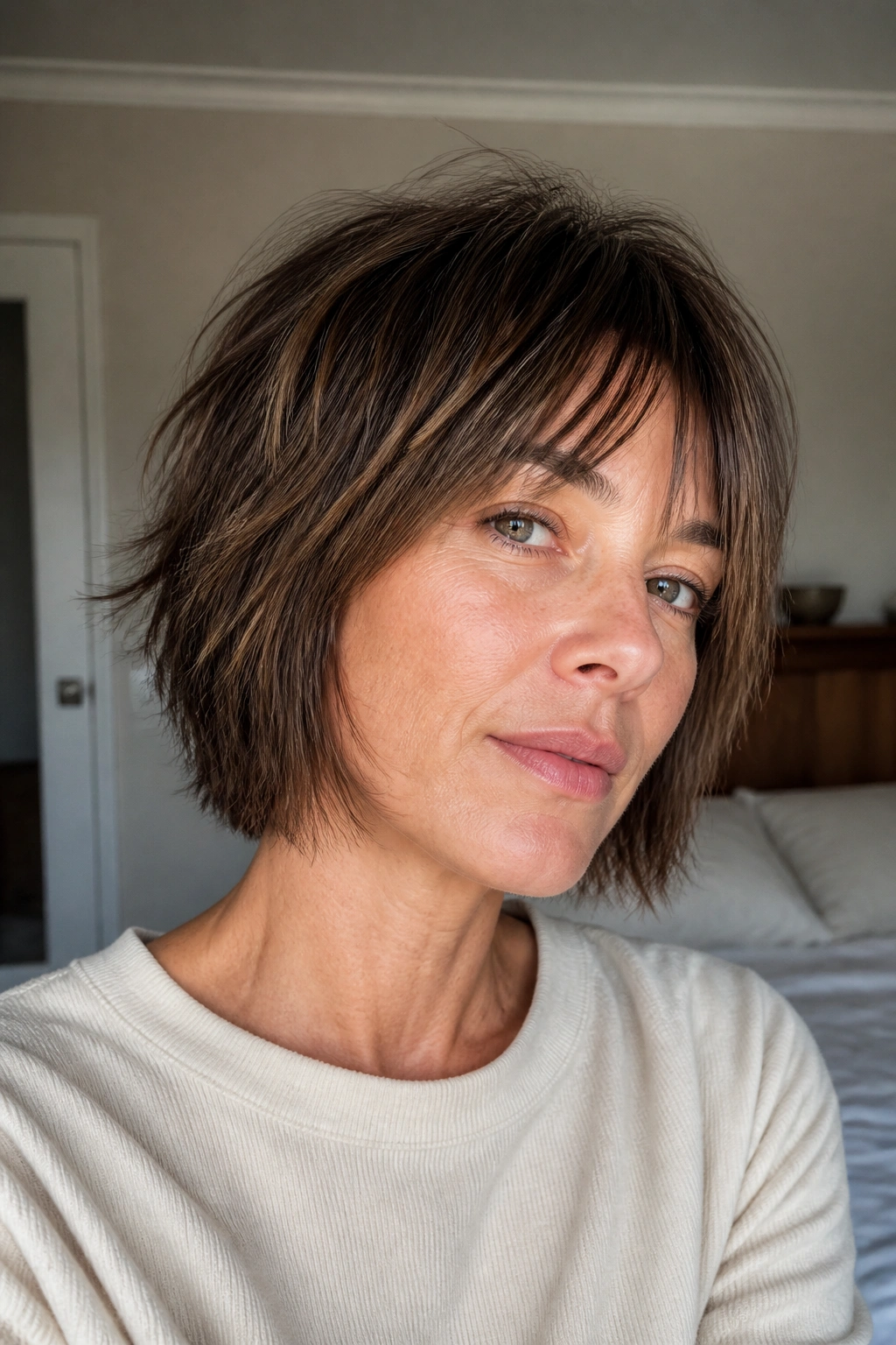Close-up portrait of a real woman with micro-layered bob shag and crown lift