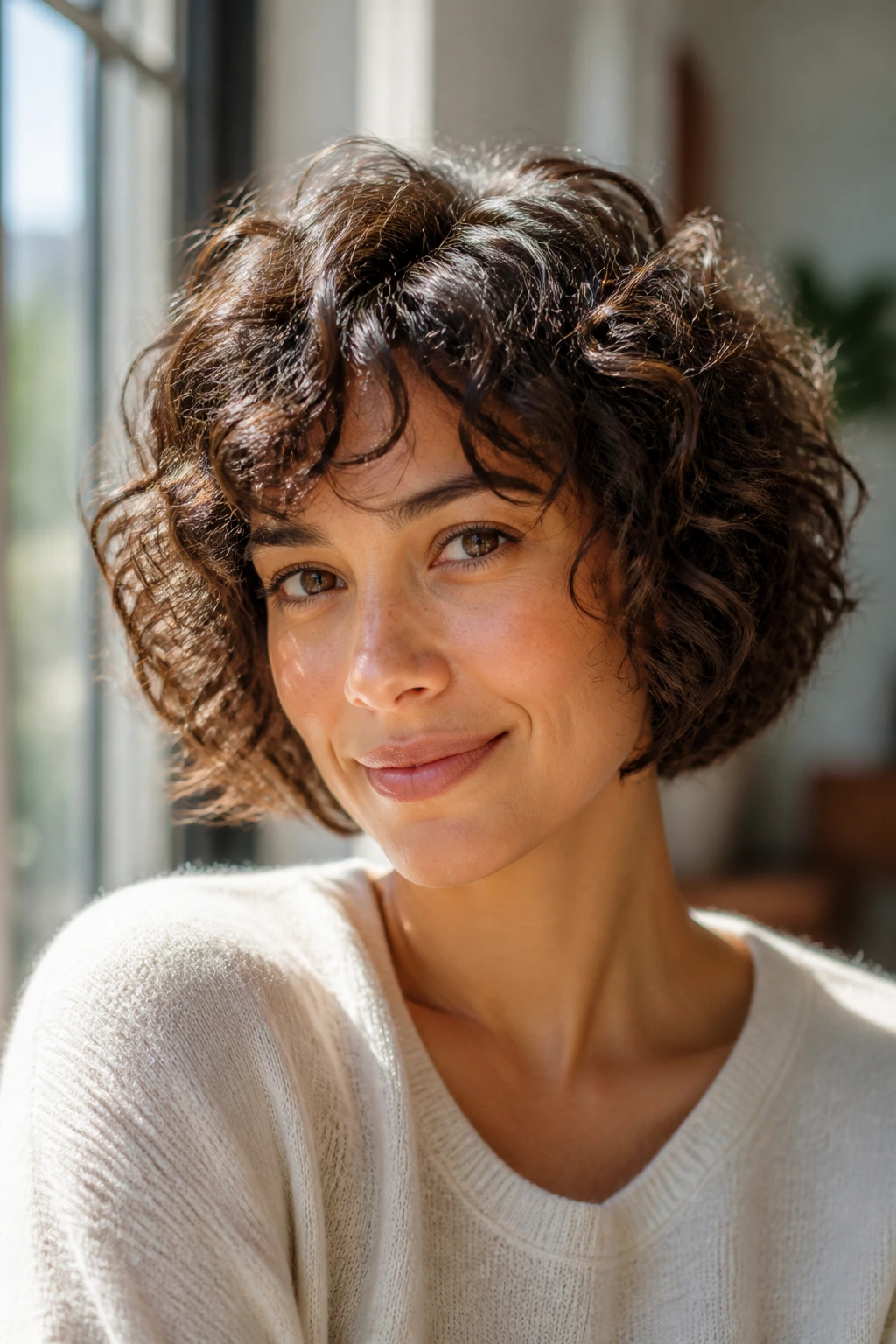 Portrait of real woman with micro-layered curls for fine hair in natural light.