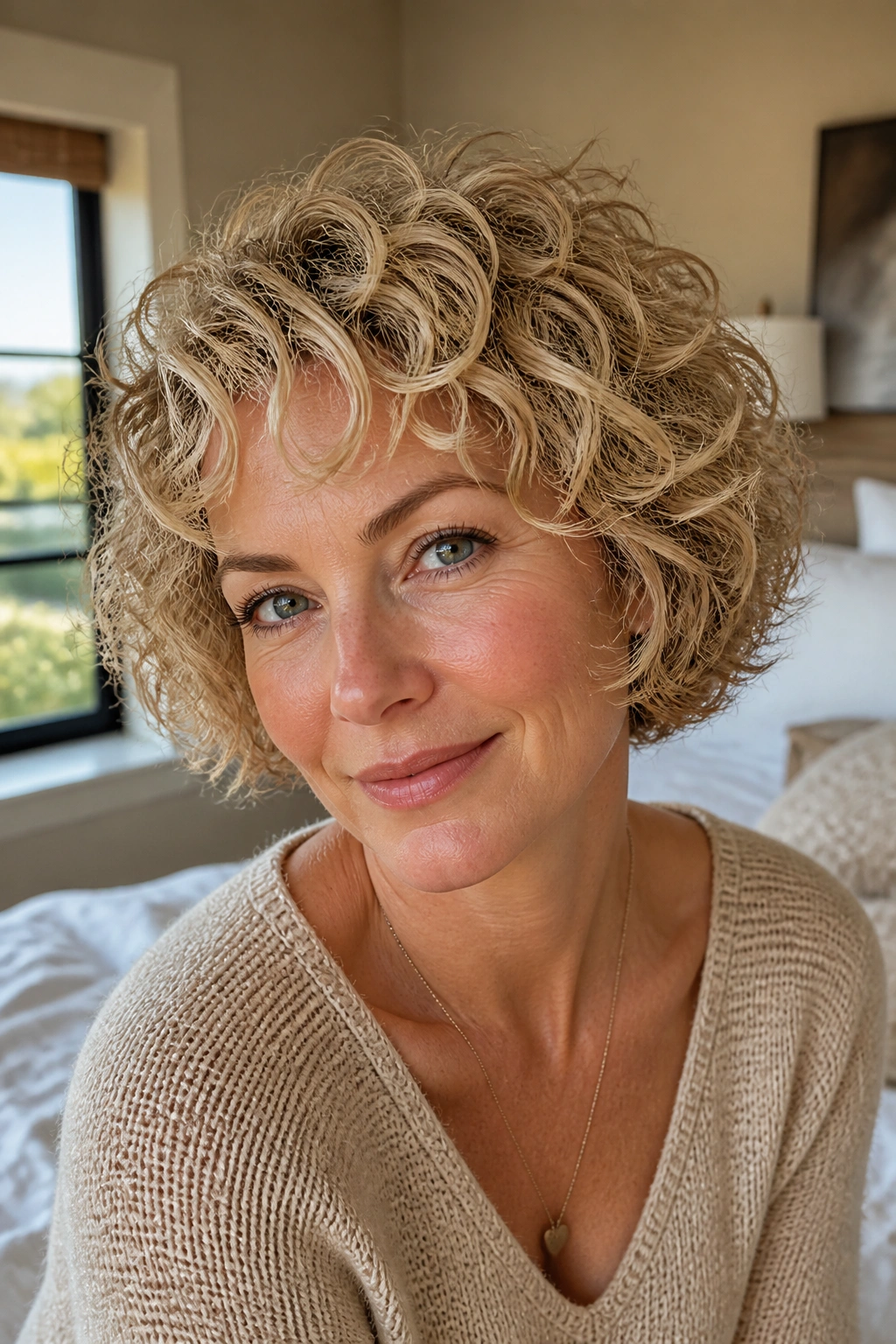Real woman with micro-layered curly bob on fine hair in sunlit room.