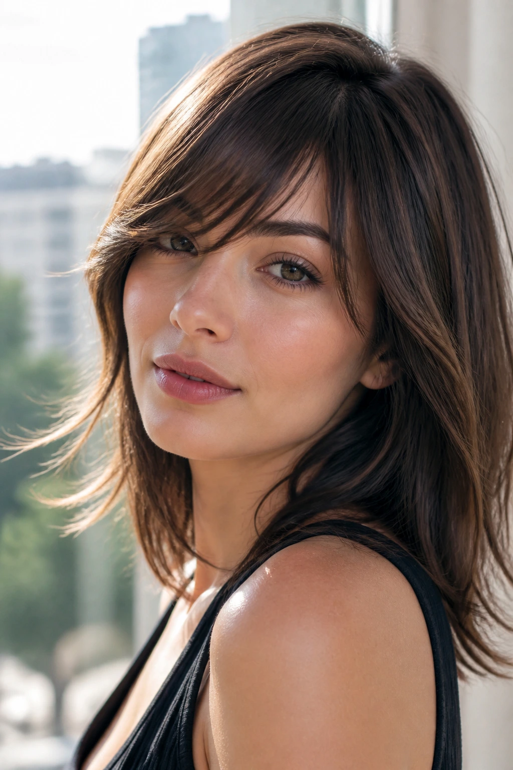 Close-up of a real woman with micro-layered fringe ends for movement