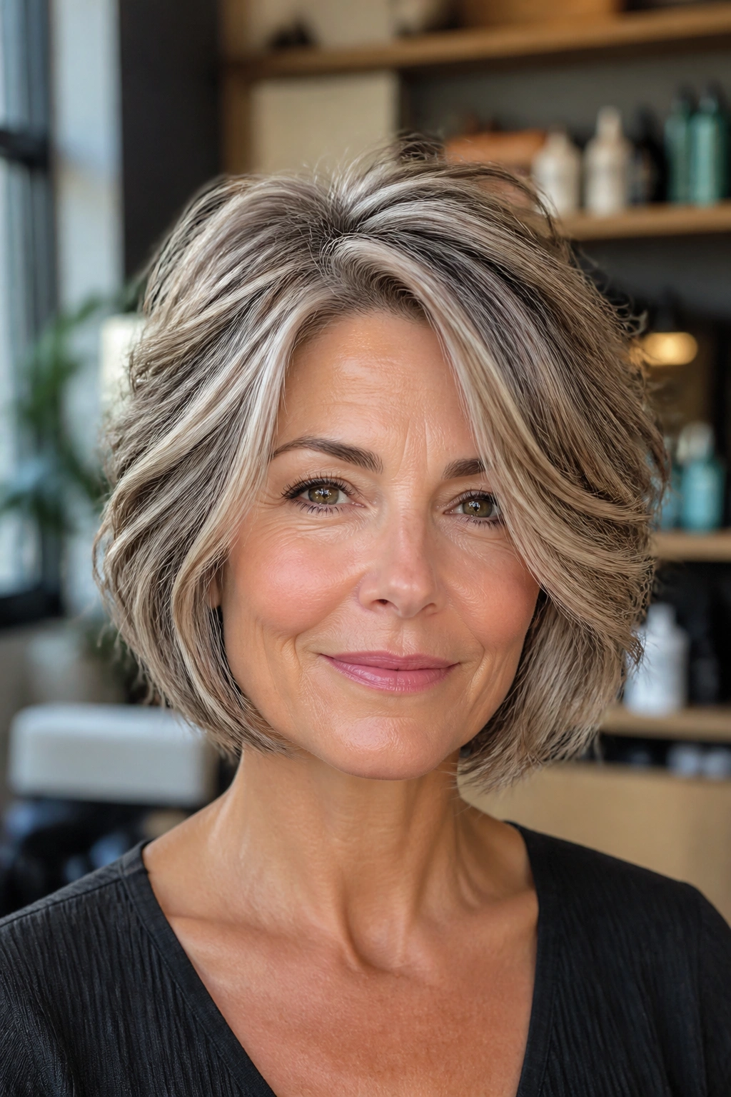 Close-up of a real woman with micro-layered inverted bob and crown volume.