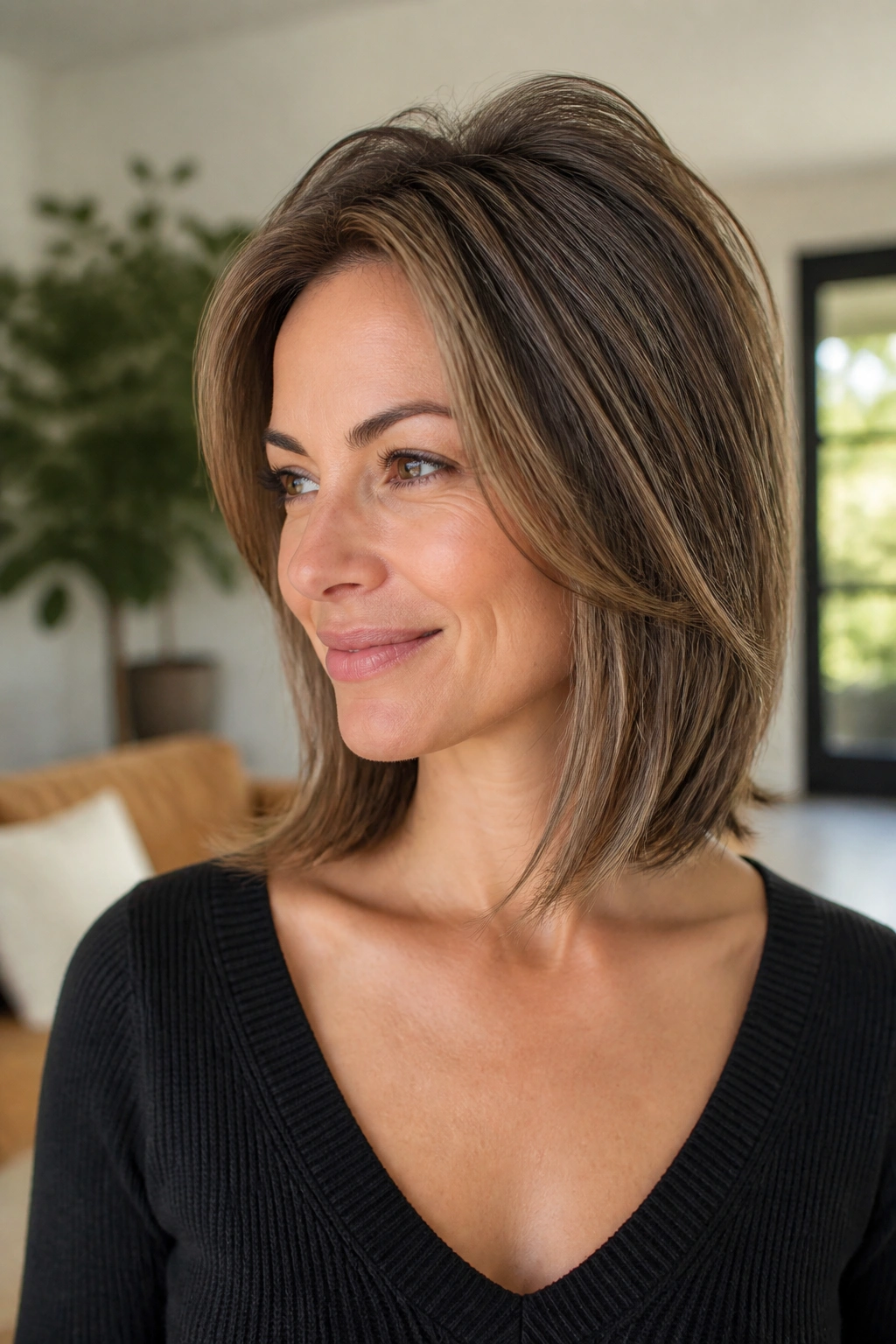 Real woman wearing micro-layered lob with crown lift in natural light