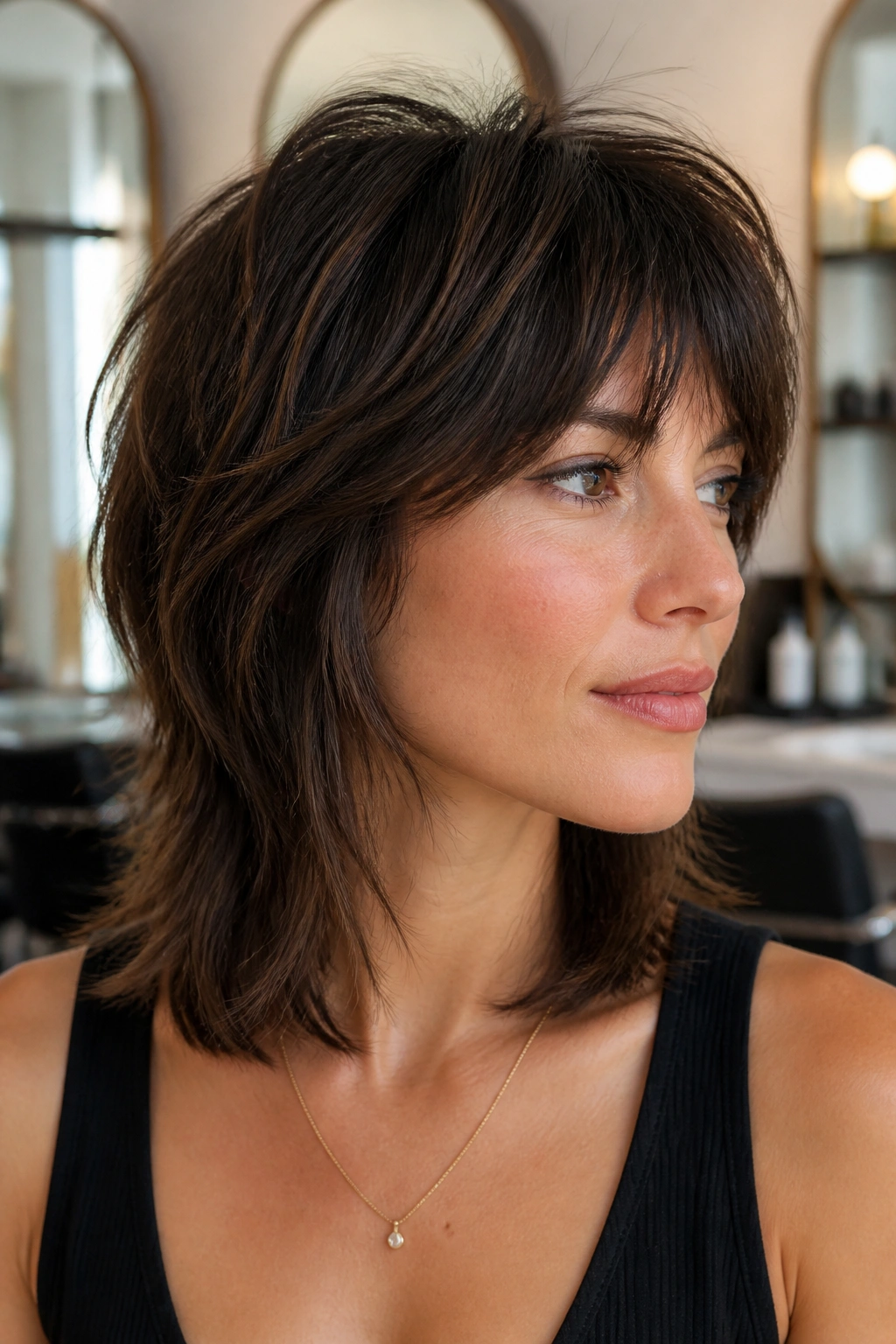 Close-up of brunette with micro-layered midi shag showing crown layers