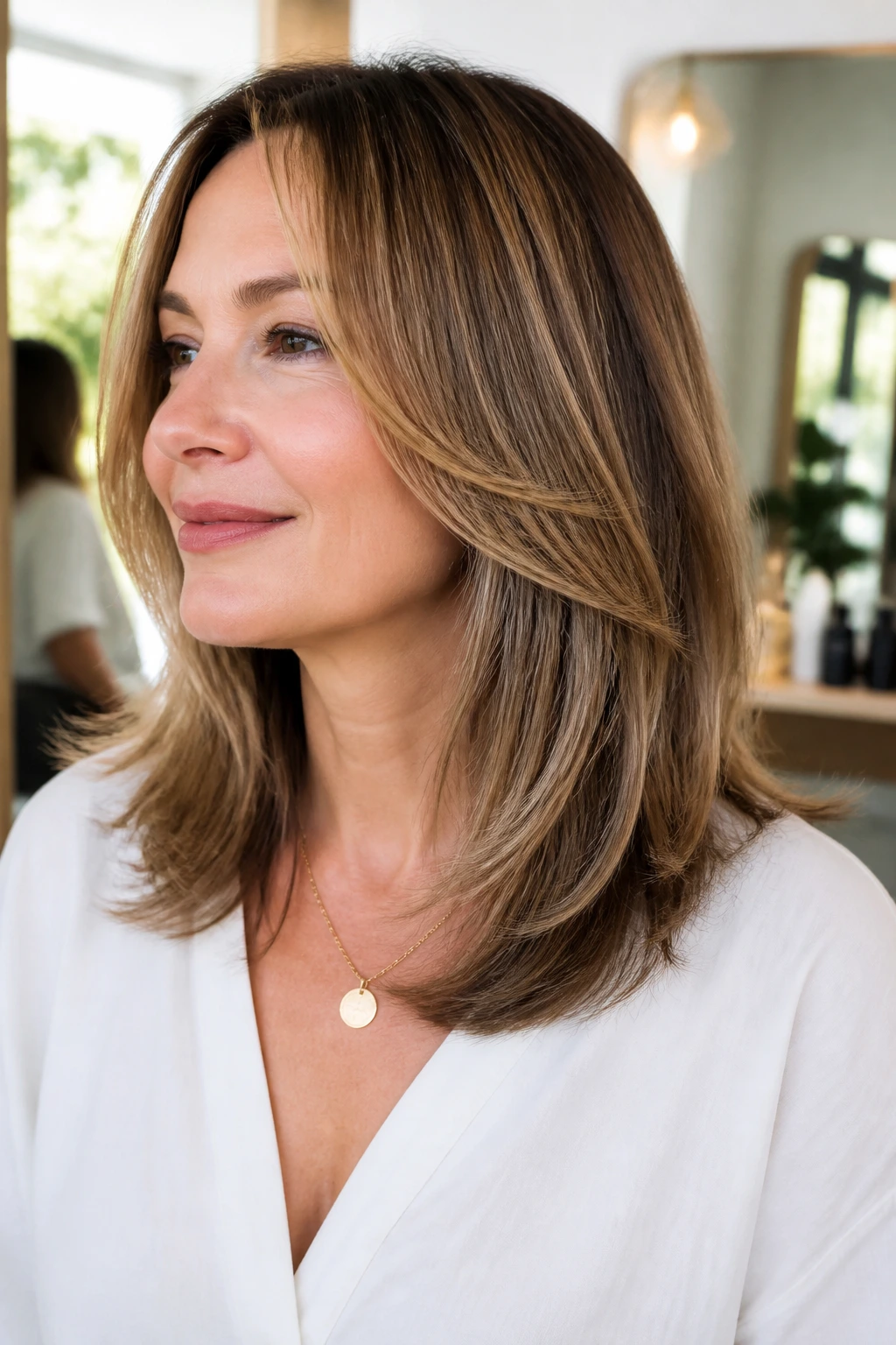 Real person with micro-layered midlength hair for fine hair.