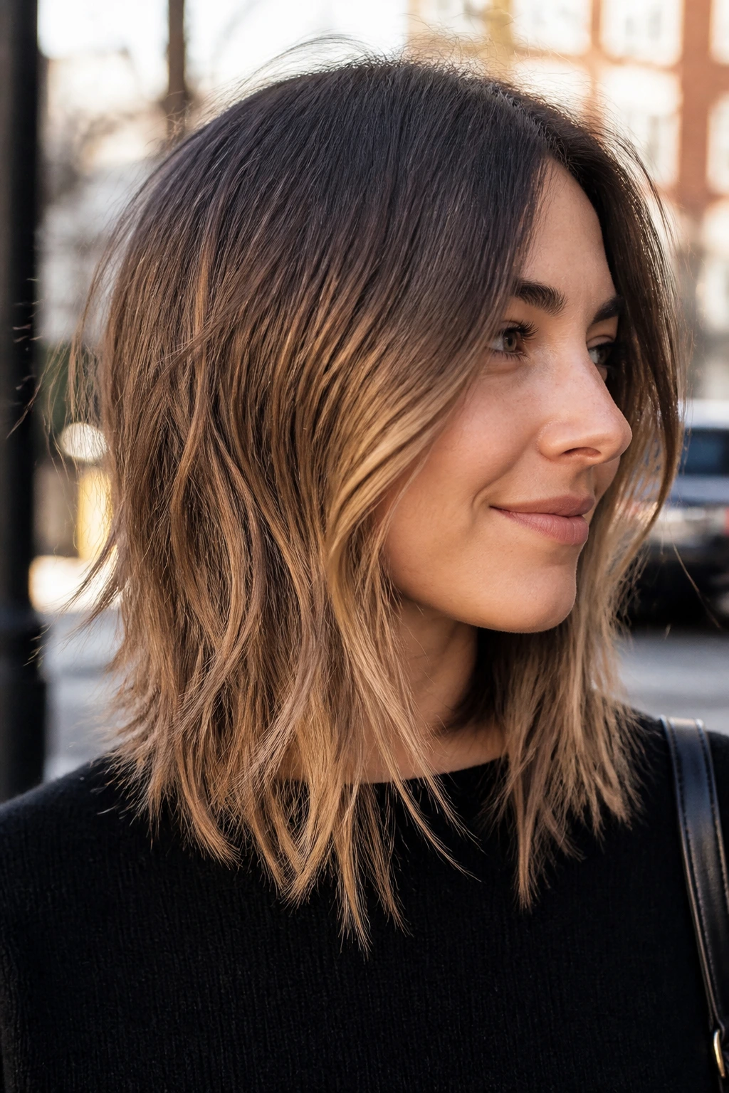 Portrait of micro-layered piecey lob showing movement and texture