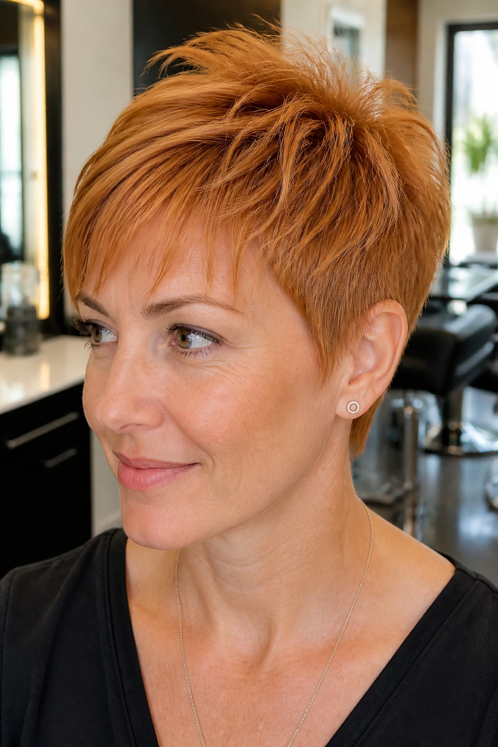 Close-up portrait of a real woman with micro-layered ginger crop.