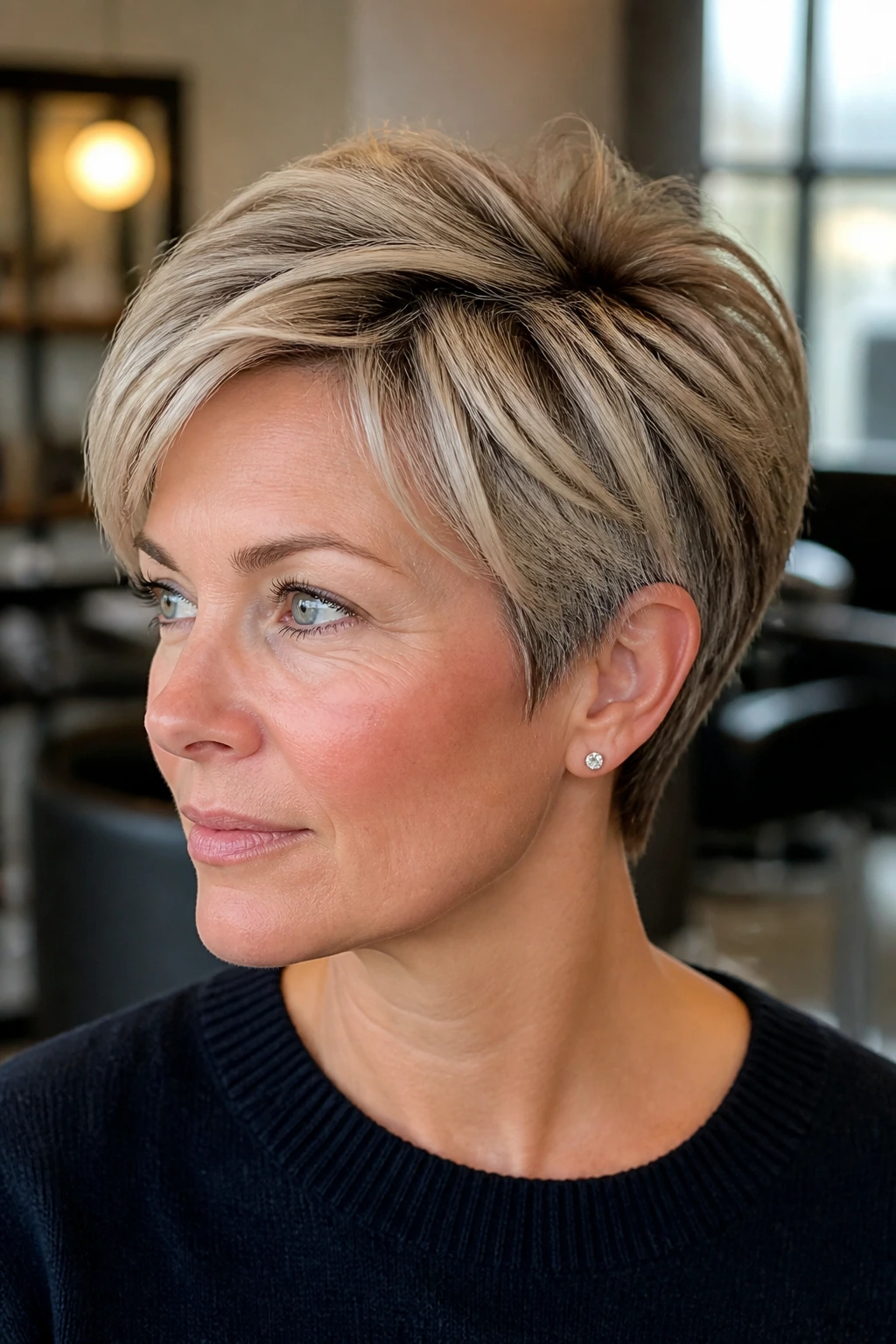 Close-up of a real woman with micro-layered pixie and crown lift.
