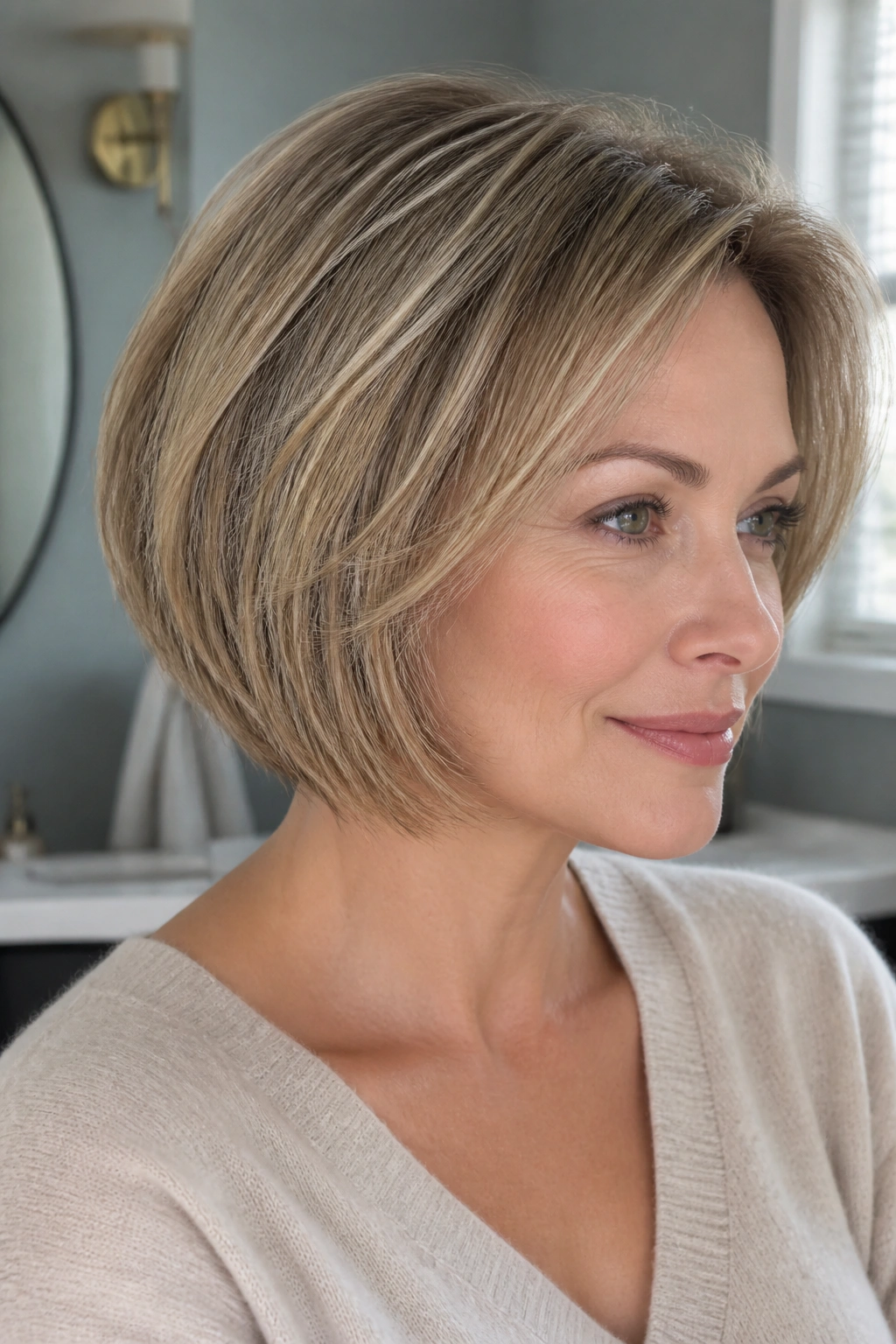 Close-up portrait of a real woman with micro-layered rounded bob for fine hair