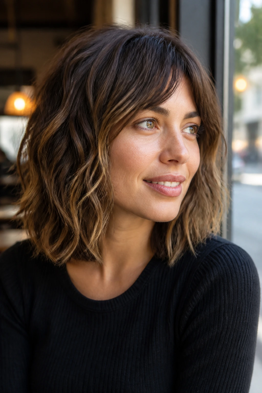 Close-up of a real woman with micro-layered mid-length waves