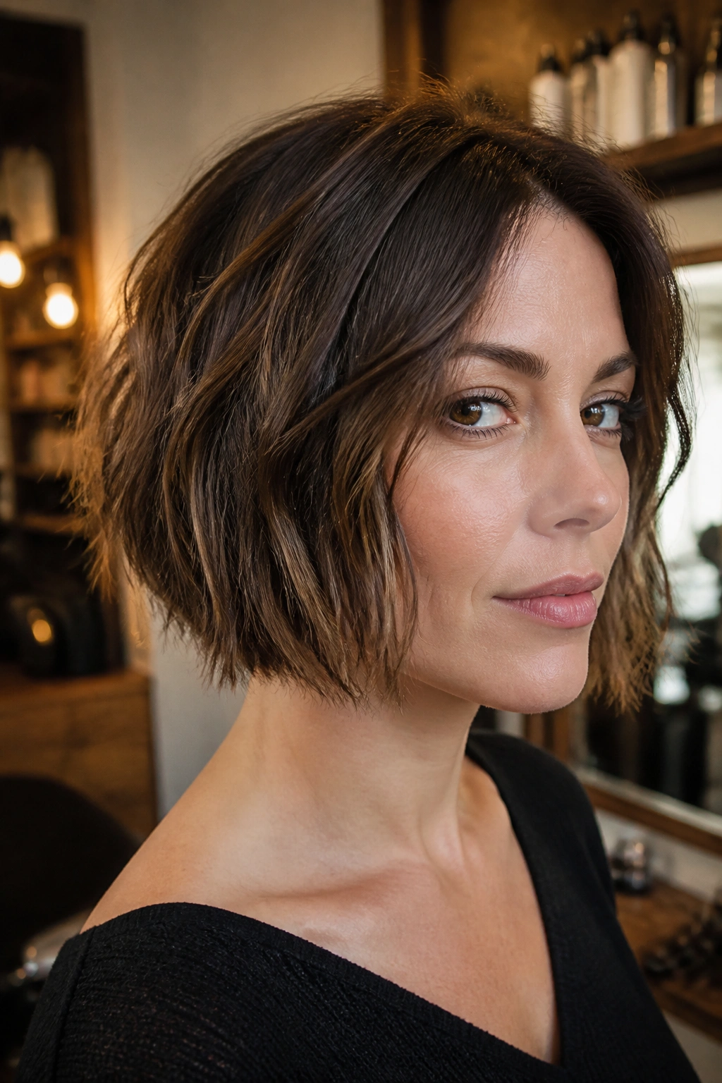 Close-up of a real woman with micro-layered piecey bob showing inner texture