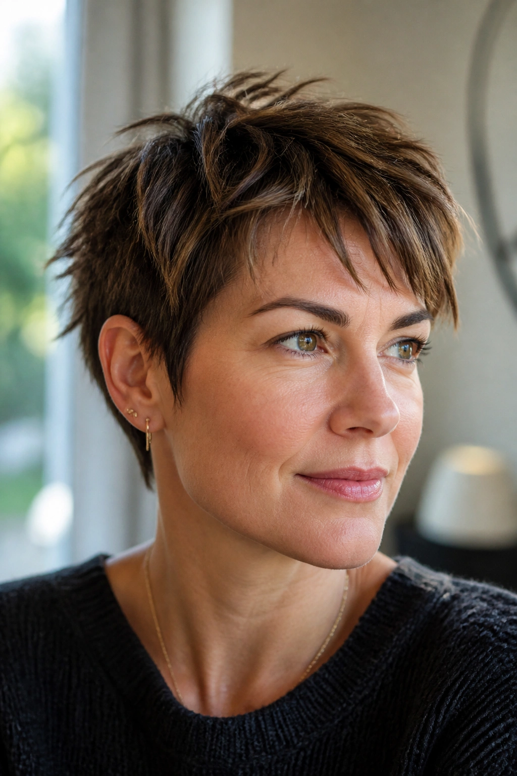 Close-up of a real woman with micro-layered piecey pixie texture