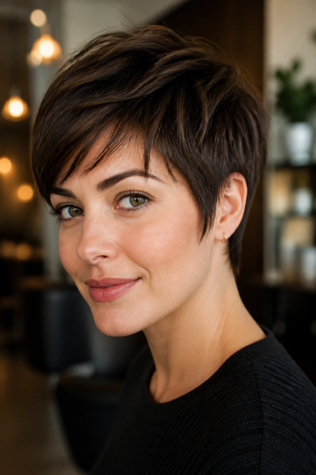Close-up portrait of a real woman showing micro layers around the temples of a long pixie