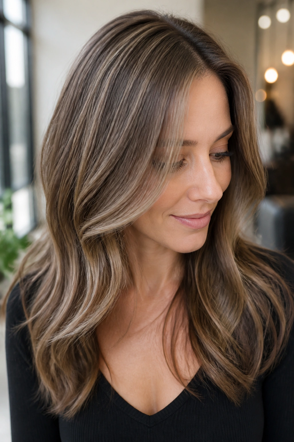 Portrait of a woman with micro-light ash balayage for fine hair.